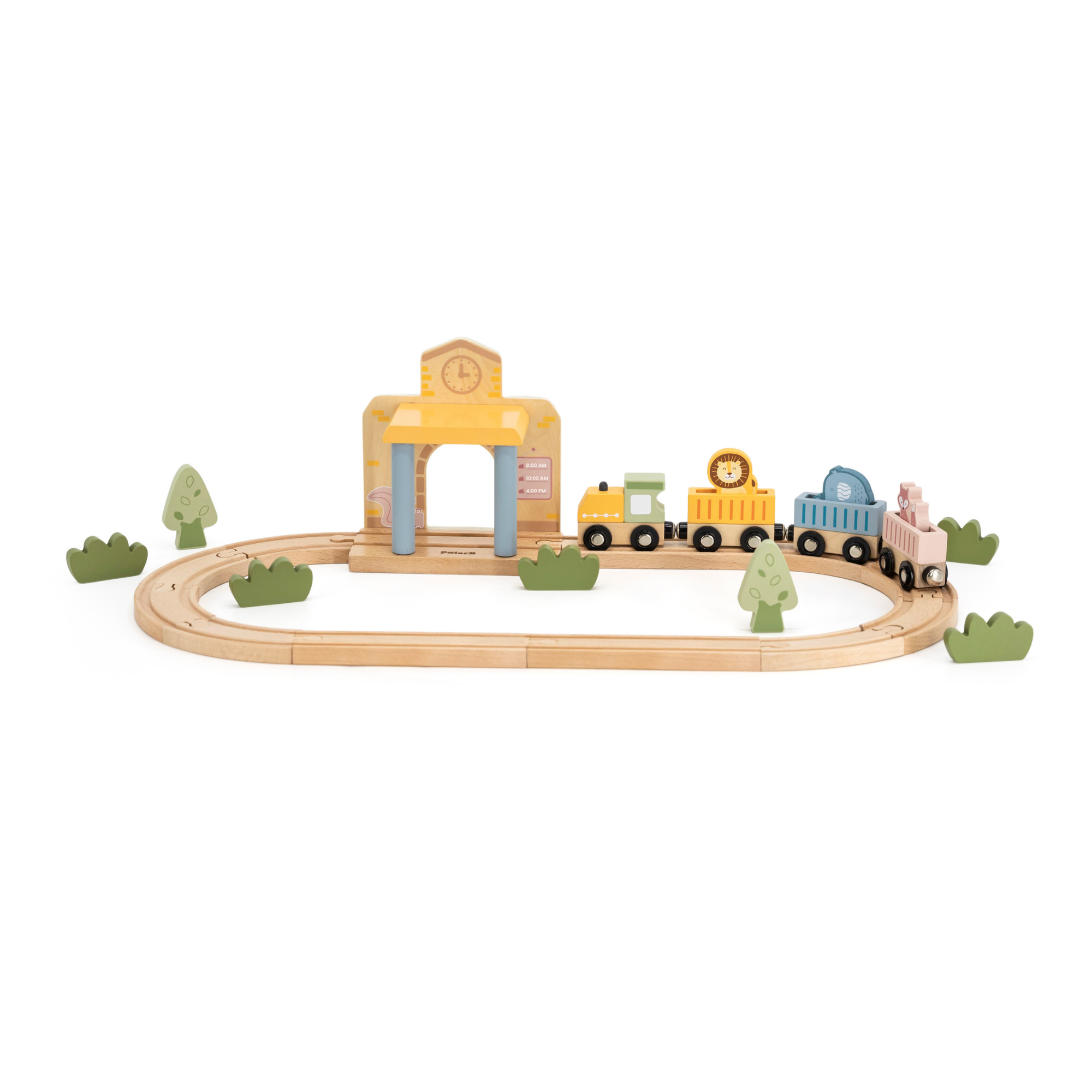 PolarB Wooden Train Set, 30 Pieces with Interactive Sound Station, Tracks, Animal Figures and Accessories, Educational Toy for Kids Ages 3 and Up