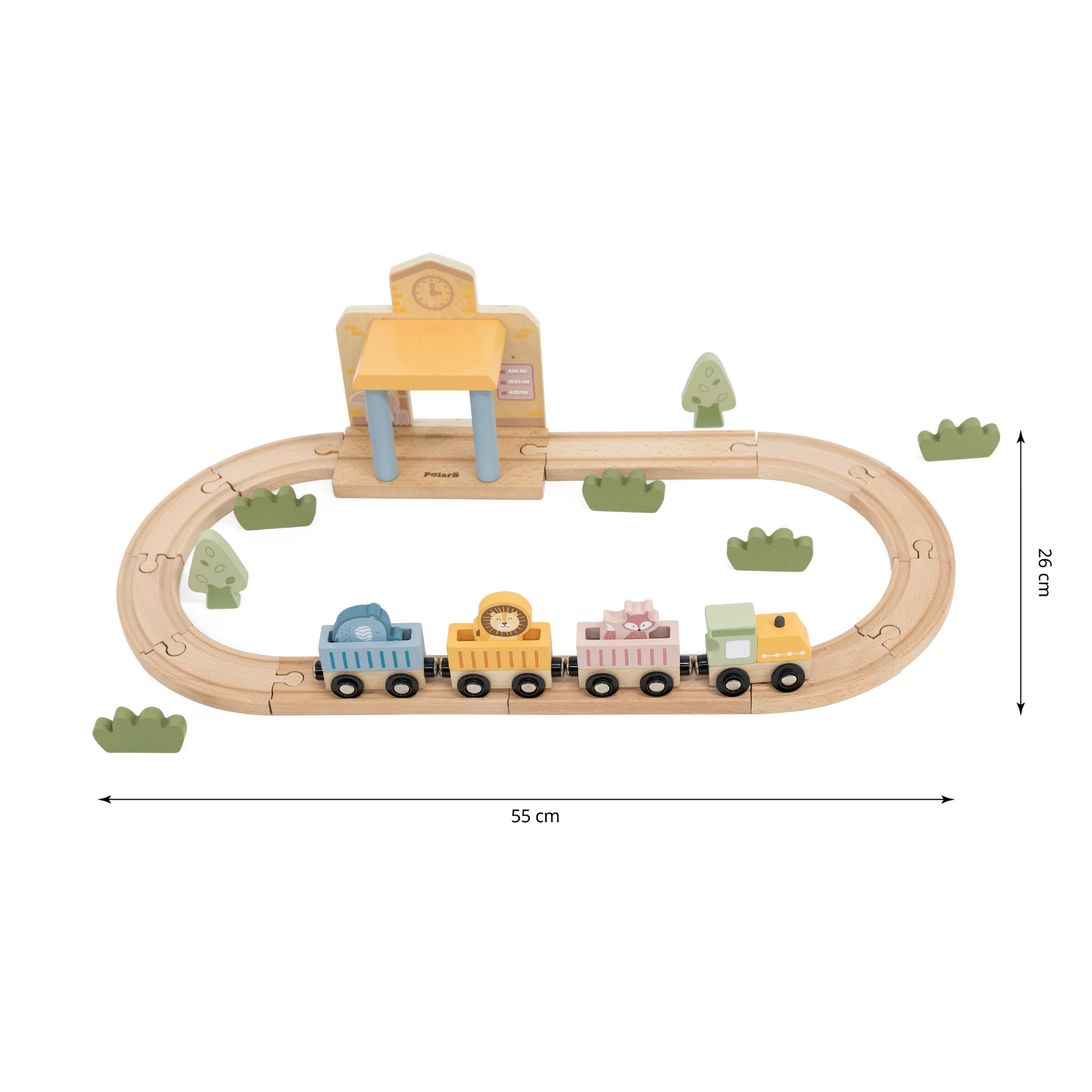 PolarB Wooden Train Set, 30 Pieces with Interactive Sound Station, Tracks, Animal Figures and Accessories, Educational Toy for Kids Ages 3 and Up