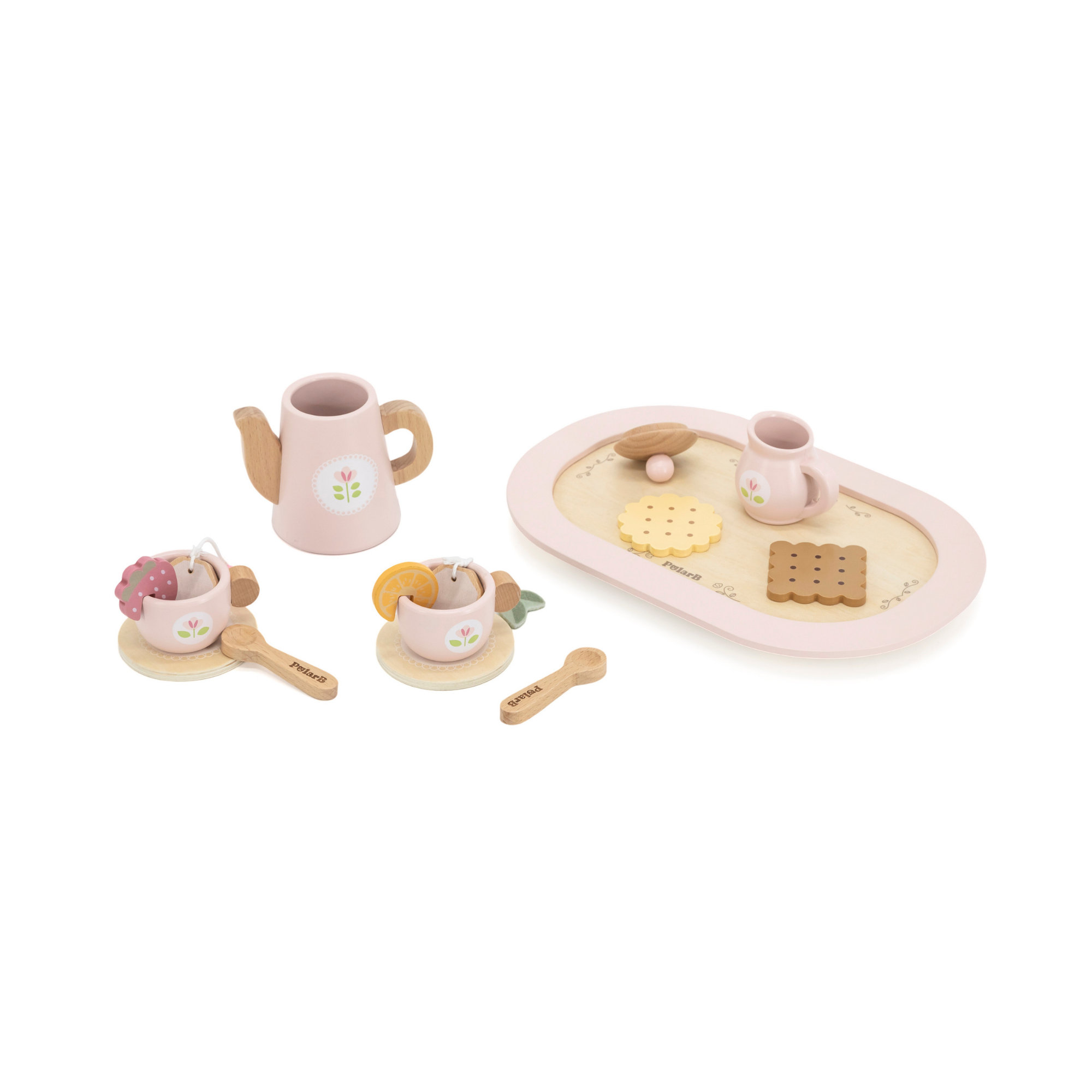 PolarB Wooden Tea Party Set, Pretend Play Tea Set with Teapot, Cups, Tray, Biscuits, and Accessories, Role Play Toy for Toddlers, Ages 3+