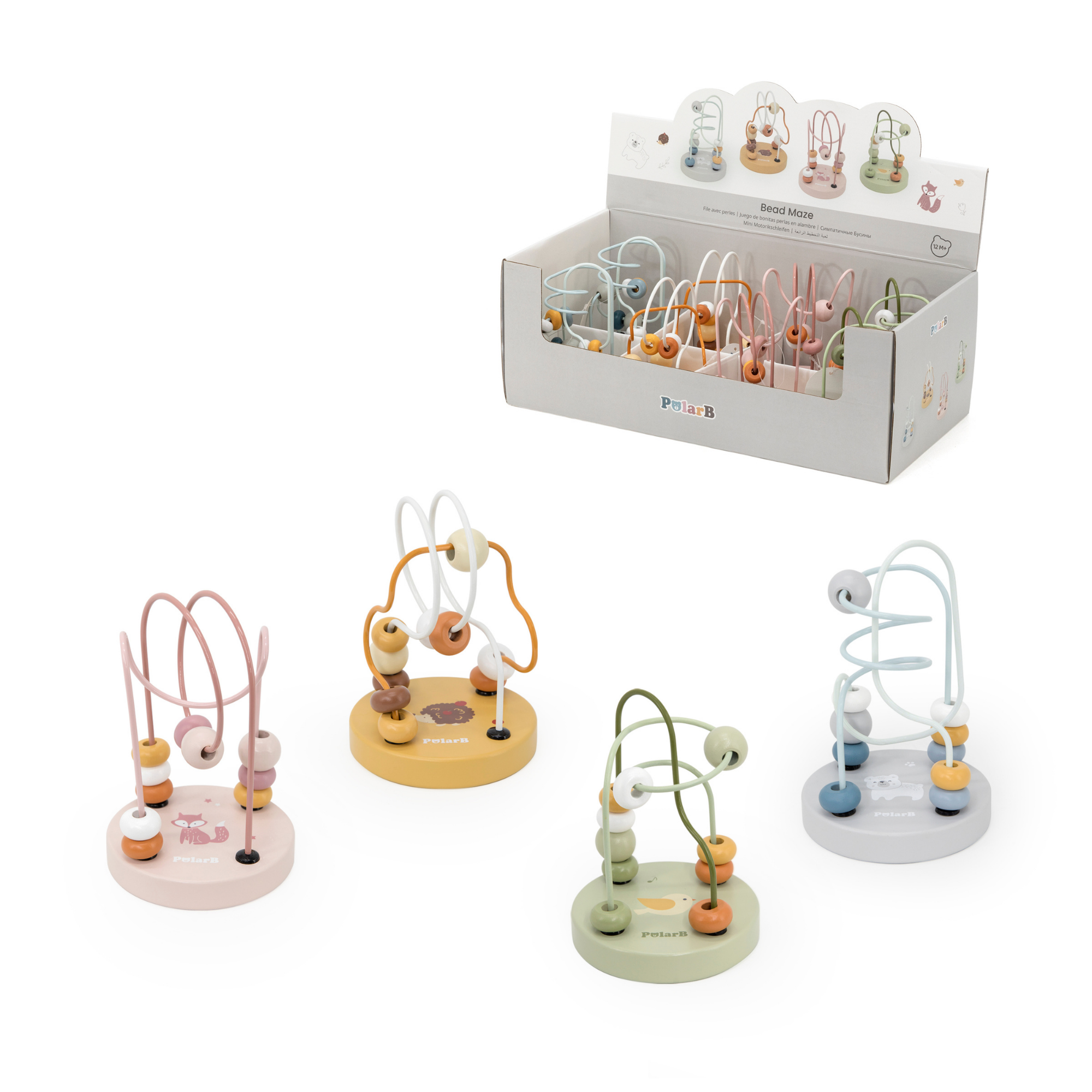 PolarB Wooden Bead Maze Toy, Classic Motor Skill Activity for Toddlers, 10 Beads, Colorful Base, Ages 12 Months and Up, Assorted Designs