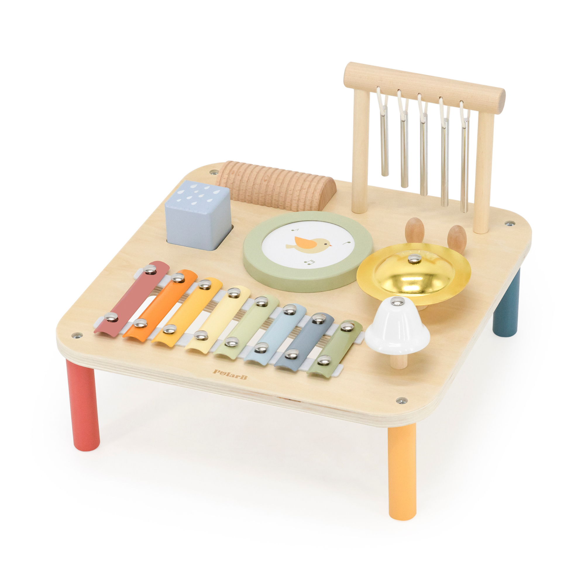 PolarB Wooden Musical Activity Table for Toddlers, Multi-Instrument Music Toy Includes Xylophone, Drum, Gong, Bell and More, for Ages 18 Months and Up