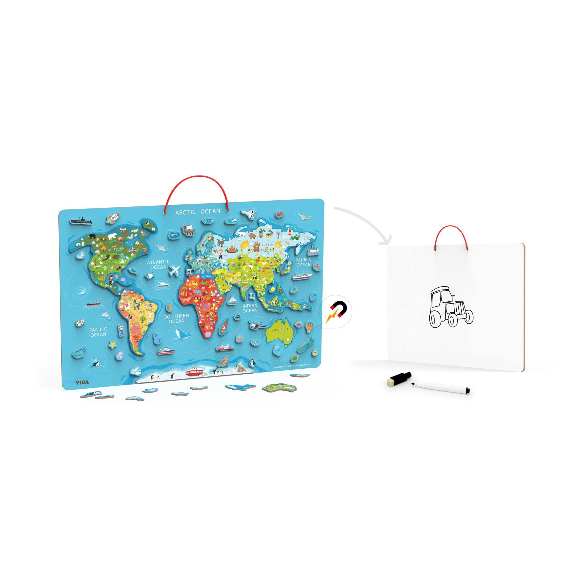 Viga Dry Erase Board with,   Magnetic World Puzzle, Montessori Wooden Toy, Develops Sensory, Cognitive & Fine Motor Skills, Non-Toxic & Eco-friendly Kids Educational Toy, Suitable for Children 3Y+