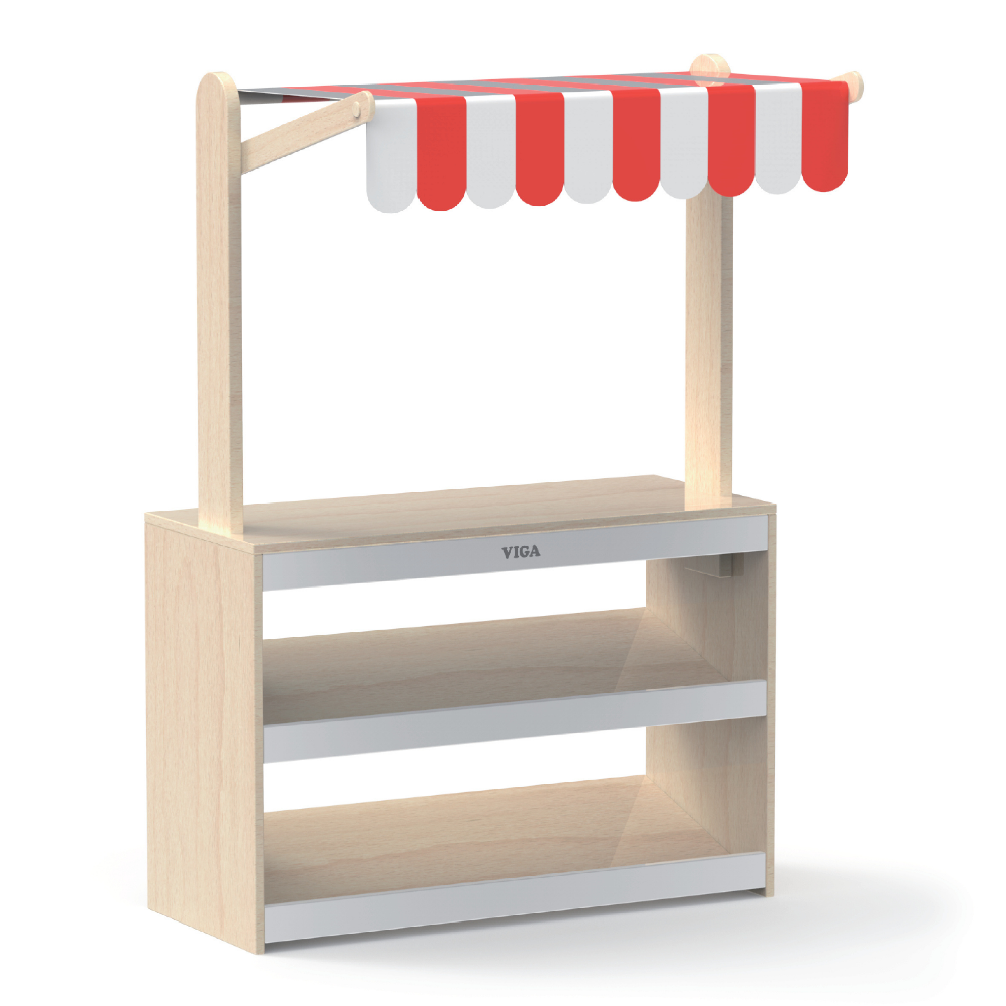 VIGA Wooden Supermarket Stall  Vegetable and Fruit Display Stand with Shelves  Pretend Play Market Role Play Toy  Ages 3 and Up