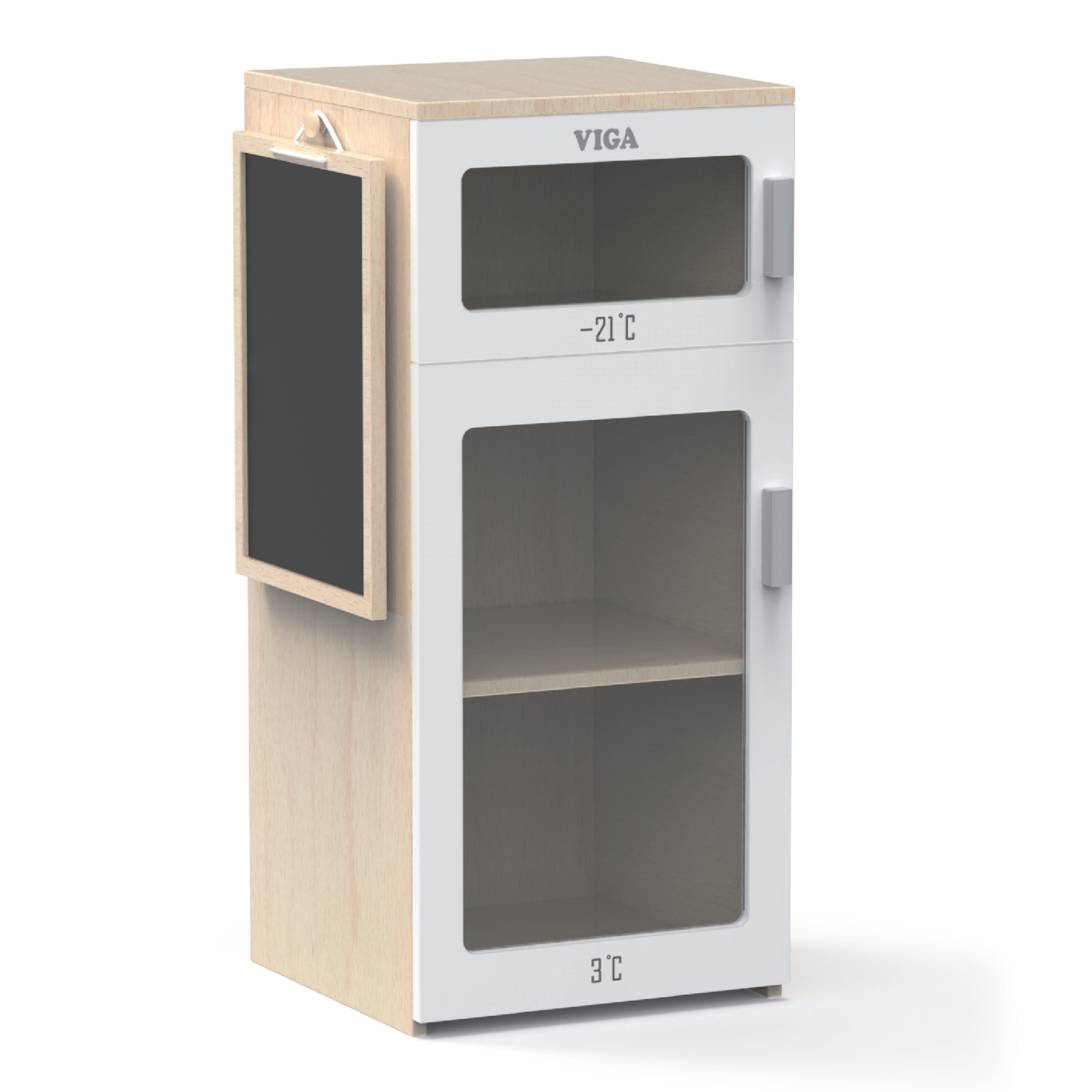 VIGA Wooden Toy Fridge with Freezer and Chalkboard  Pretend Play Kitchen Accessory  Role Play Appliance for Ages 3 and Up