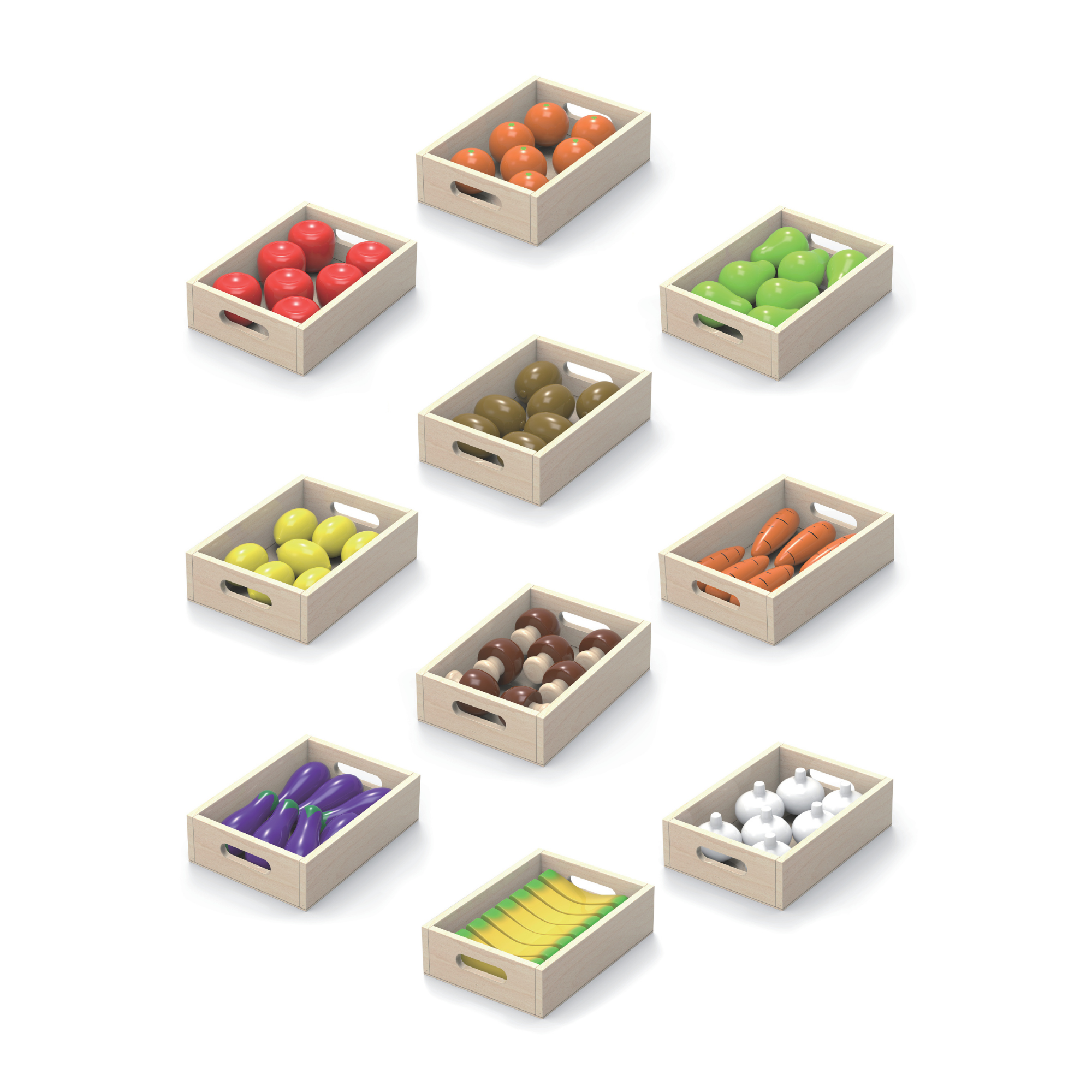 Viga Wooden Fruit and Vegetable Box Set  10 Assorted Play Food Crates for Kids  Pretend Play Market Toy  Educational Roleplay for Ages 3 and Up