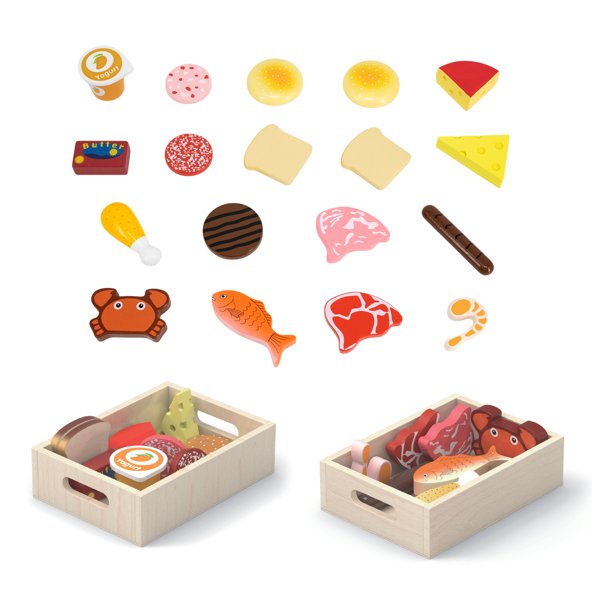 VIGA Wooden Fridge Food Set  2 Box Pretend Play Breakfast, Meat, and Seafood  Kitchen and Shop Role Play Toy for Ages 3 and Up