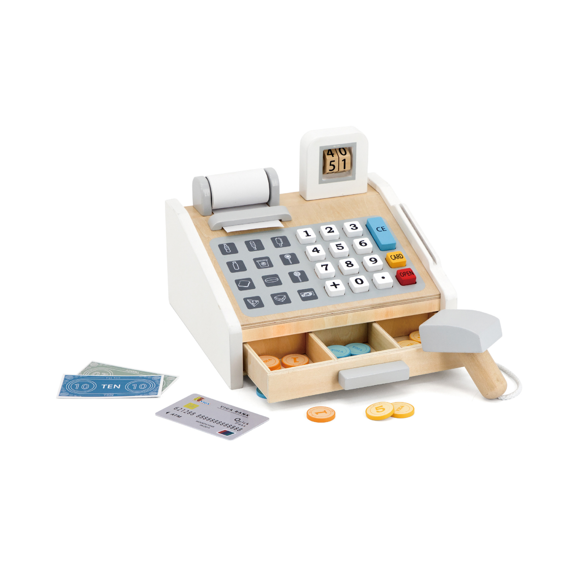 VIGA Wooden Cash Register for Kids Gray and White Pretend Play Checkout Set with Scanner, Money, and Card Reader Educational Roleplay Toy for Ages 3 and Up