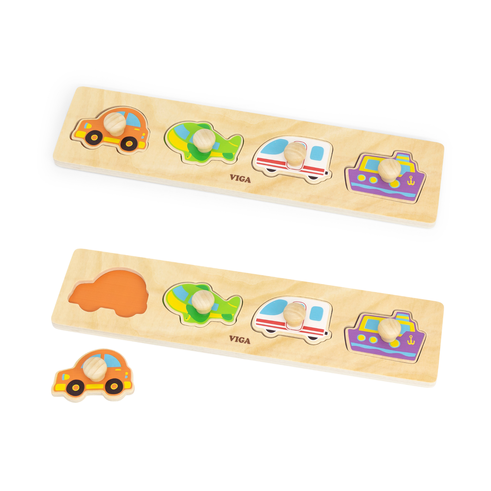 Viga Transportation, 4 Piece Knob Puzzle, Montessori Wooden Toy, Develops Sensory, Cognitive & Fine Motor Skills, Non-Toxic & Eco-friendly Kids Educational Toy, Suitable for Boys and Girls Aged 12M+