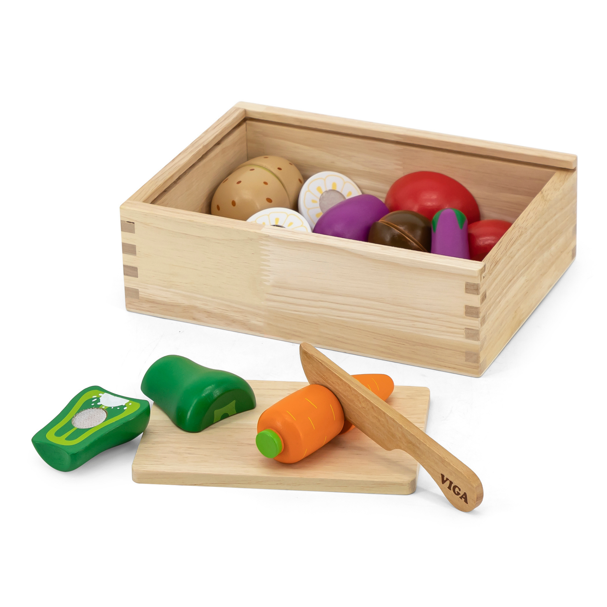 VIGA Wooden Vegetable Chopping Set for Kids  Pretend Play Kitchen Toy with Knife and Fruits  Roleplay Toy for Ages 18 Months and Up