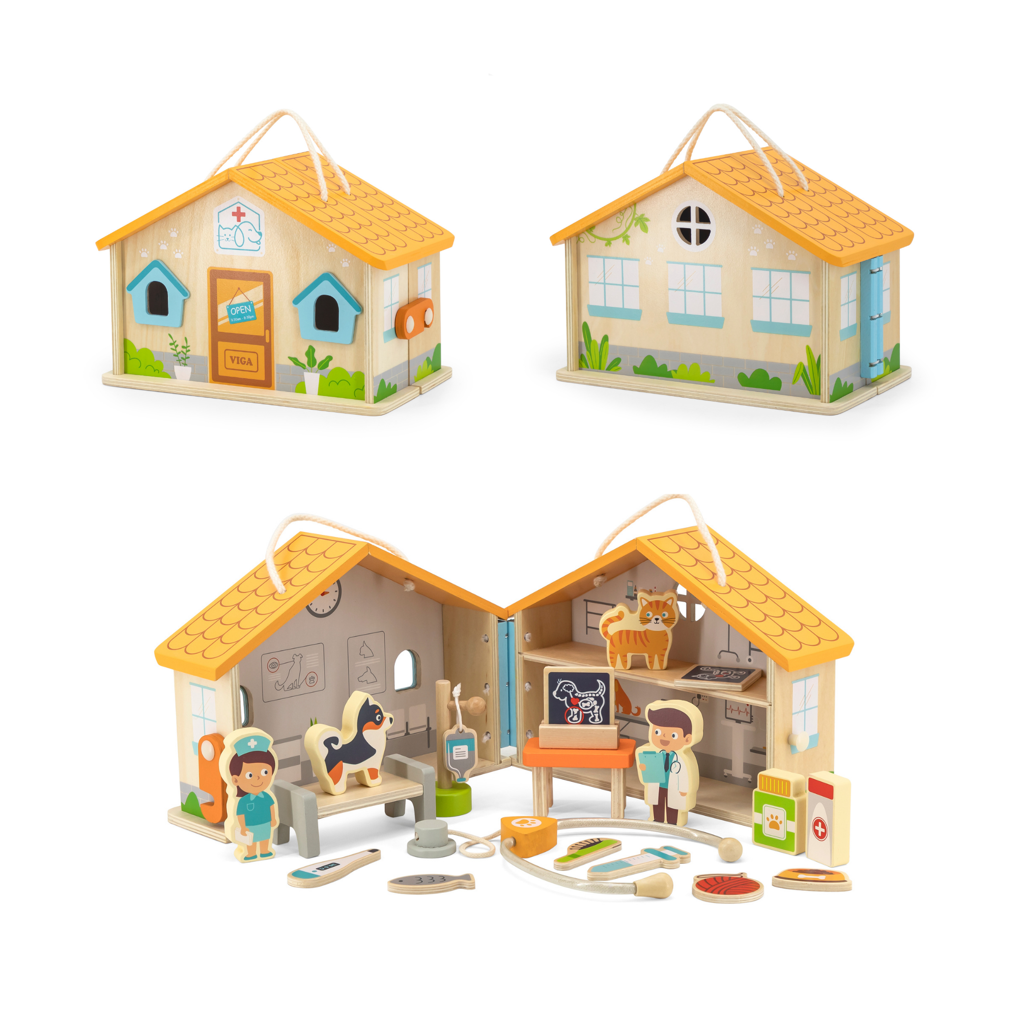 Viga Wooden Pet Hospital Roleplay Set 19-Piece Veterinary Clinic Toy with Dog, Cat, and Accessories Portable Suitcase Design Ages 3 and Up