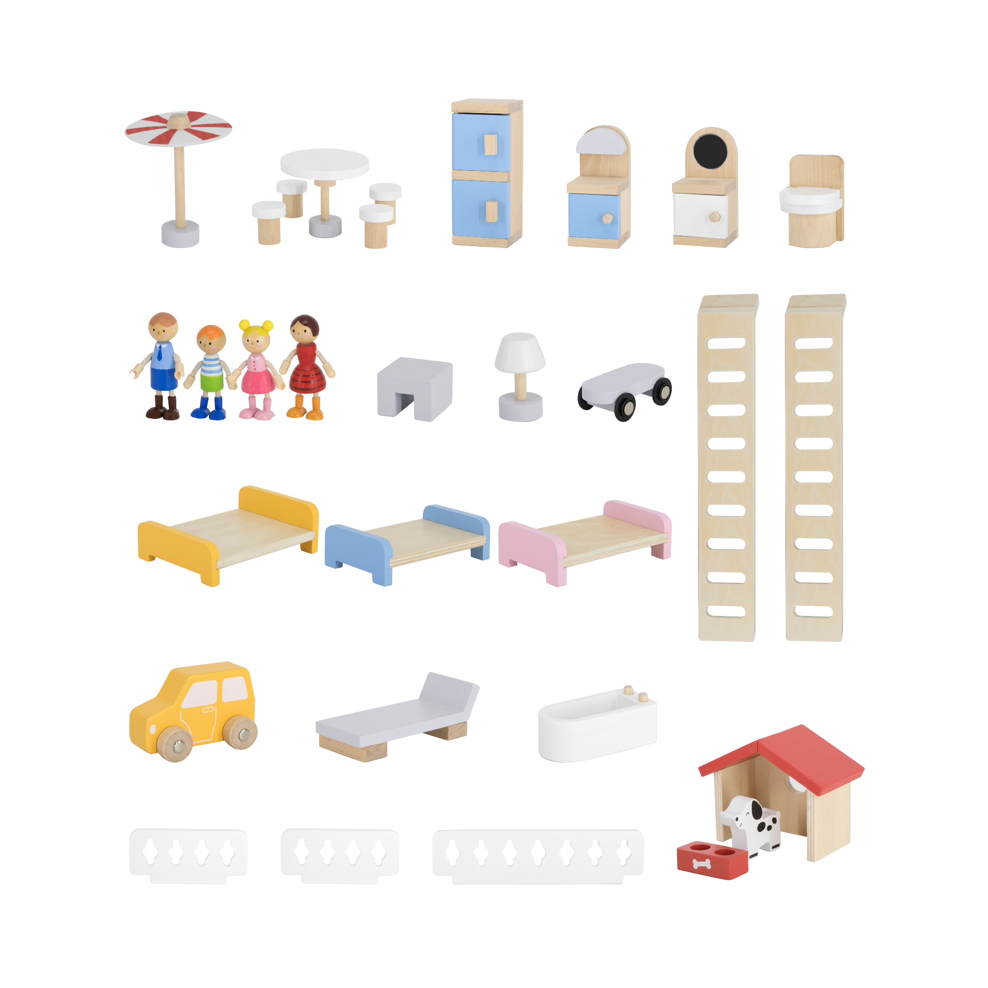 VIGA 3-Storey Wooden Dollhouse with Furniture and Accessories Spacious Pastel-Colored Playhouse for Dolls up to 10 cm Includes 4 Figures and Puppy