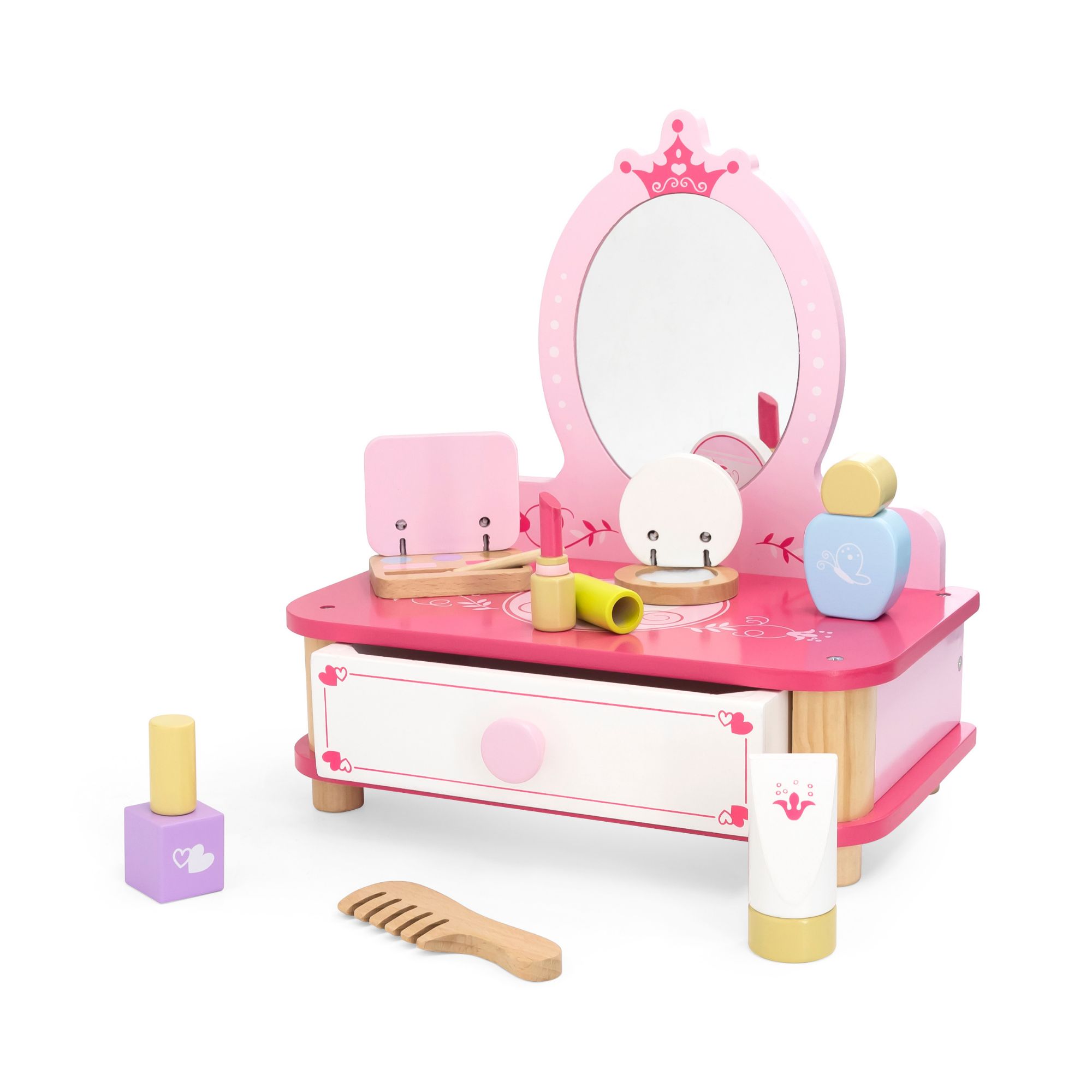 Viga Wooden Dressing Table with Mirror and Accessories  Pretend Play Make-Up Vanity for Kids  9-Piece Beauty Set  Ages 3 and Up