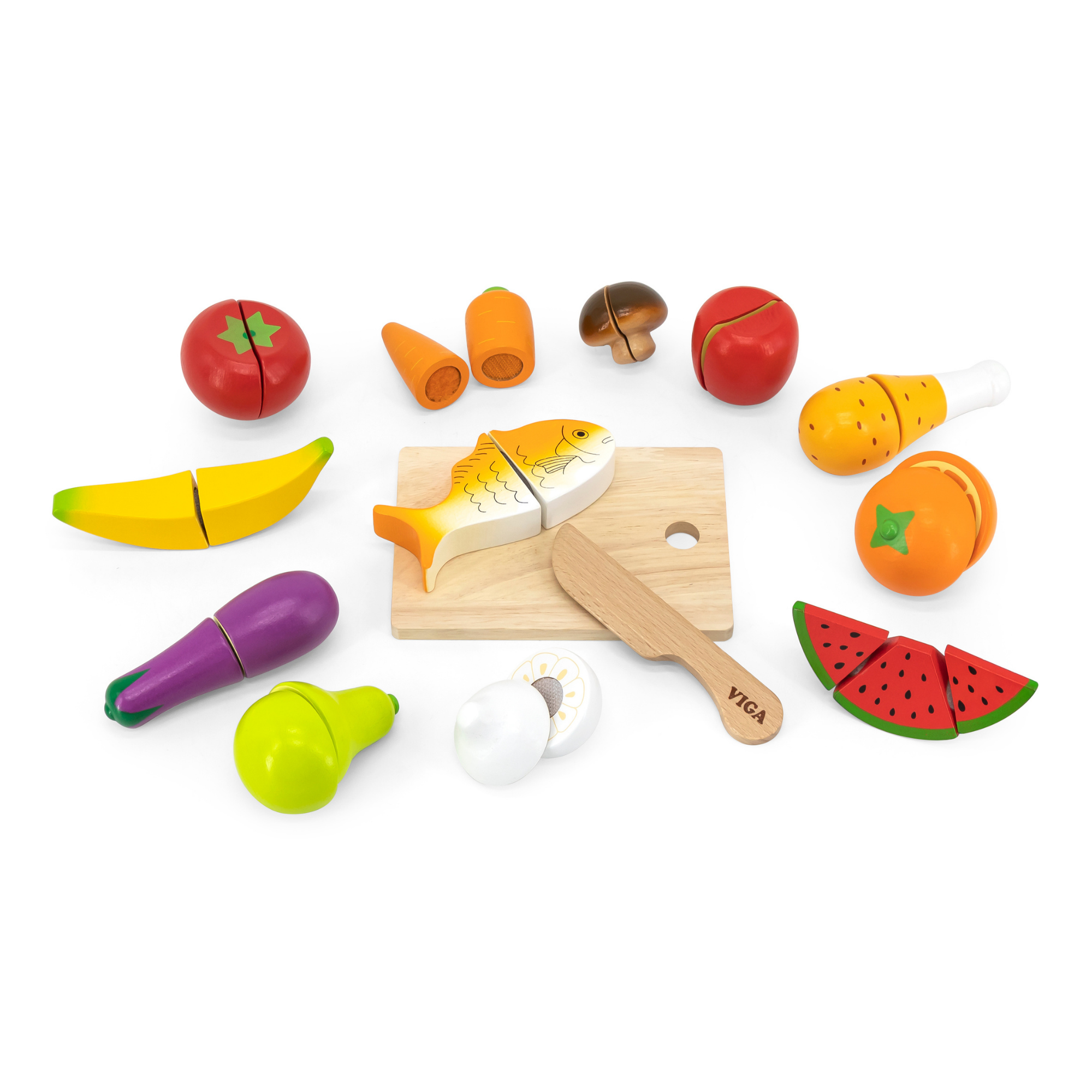 VIGA Little Chef Cutting Kit Wooden Pretend Play Food Set for Kids Aged 18 Months and Up Includes Knife, Cutting Board, Fruits, Vegetables, and Accessories