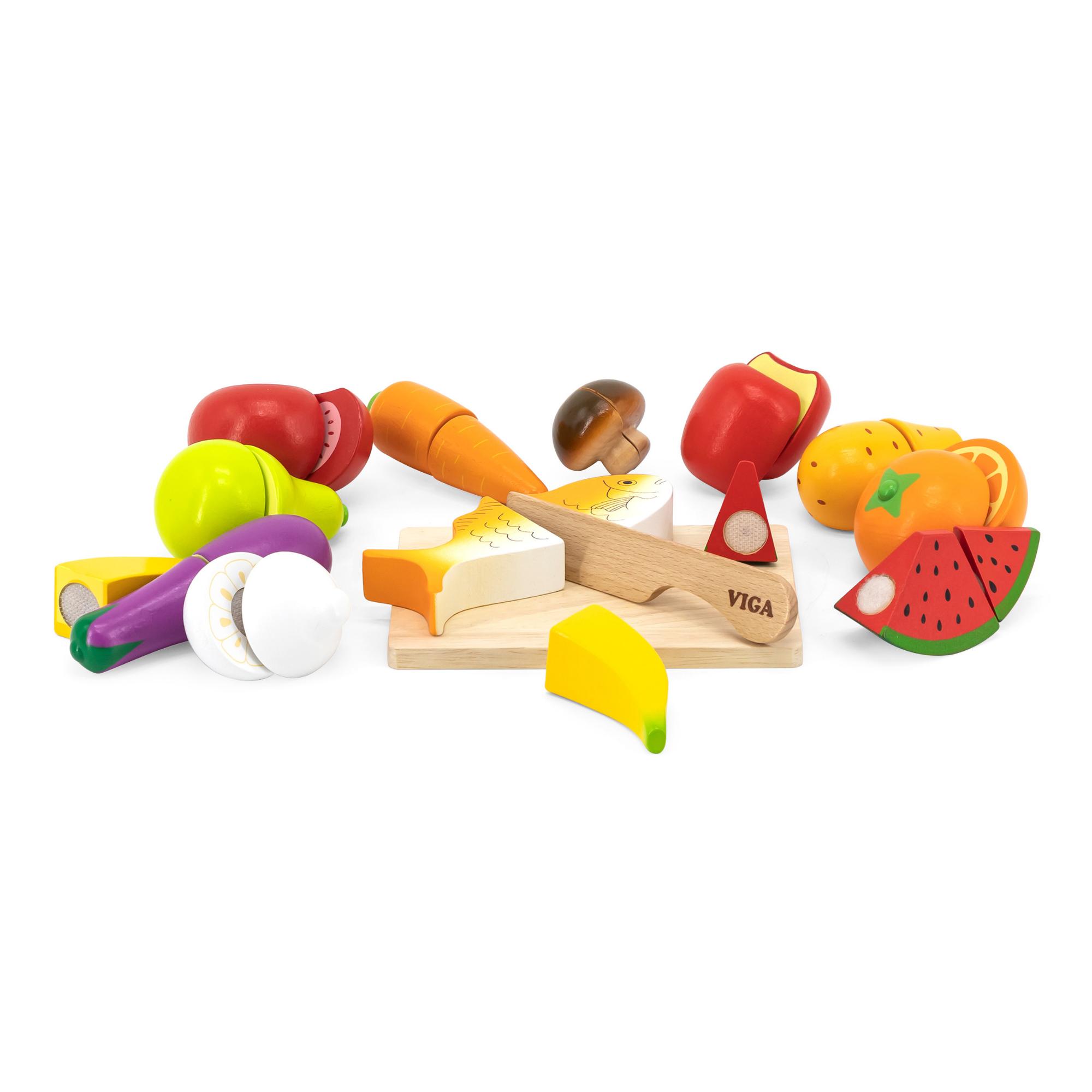 VIGA Little Chef Cutting Kit Wooden Pretend Play Food Set for Kids Aged 18 Months and Up Includes Knife, Cutting Board, Fruits, Vegetables, and Accessories