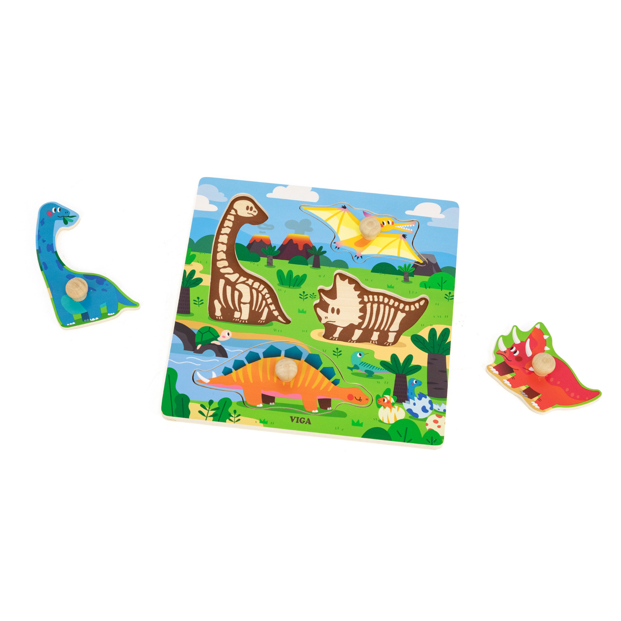 Viga Dinosaurs, 4 Piece Knob Puzzle, Montessori Wooden Toy, Develops Sensory, Cognitive & Fine Motor Skills, Non-Toxic & Eco-friendly Kids Educational Toy, Suitable for Boys and Girls Aged 12M+