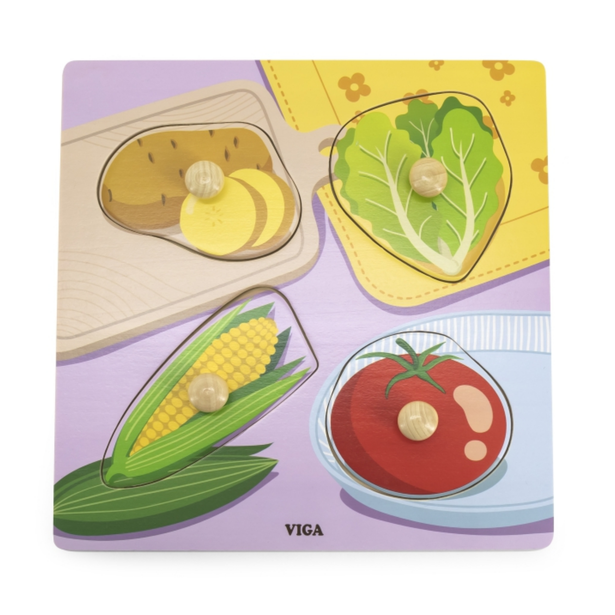 Viga Vegetables, 4 Piece Knob Puzzle, Montessori Wooden Toy, Develops Sensory, Cognitive & Fine Motor Skills, Non-Toxic & Eco-friendly Kids Educational Toy, Suitable for Boys & Girls Aged 12M+