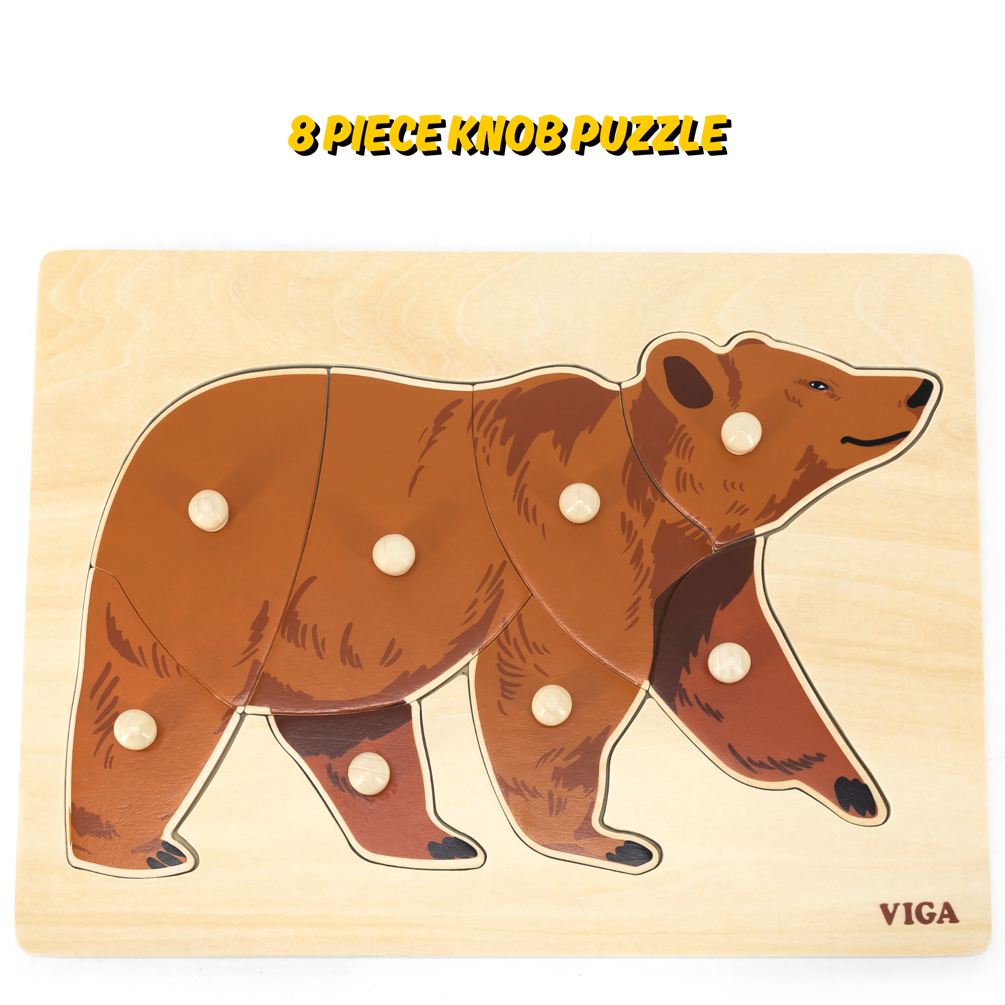 Viga Bear, Wild Animals, 8 Piece Knob Puzzle, Montessori Wooden Toy, Develops Sensory, Cognitive & Fine Motor Skills, Non-Toxic & Eco-friendly Kids Educational Toy, Suitable for Children Aged 18M+
