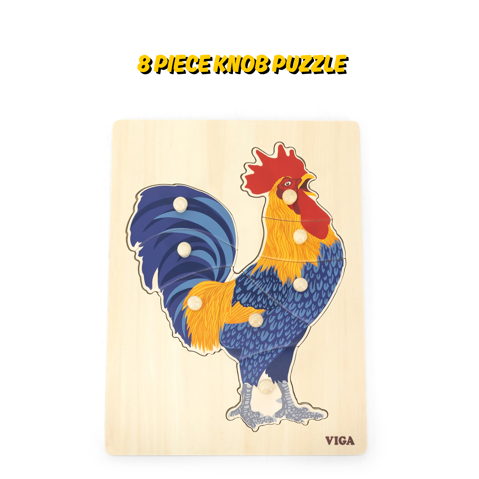 Viga Rooster, Farm Animals, 8 Piece Knob Puzzle, Montessori Wooden Toy, Develops Sensory, Cognitive & Fine Motor Skills, Non-Toxic & Eco-friendly Kids Educational Toy, Suitable for Children Aged 18M+