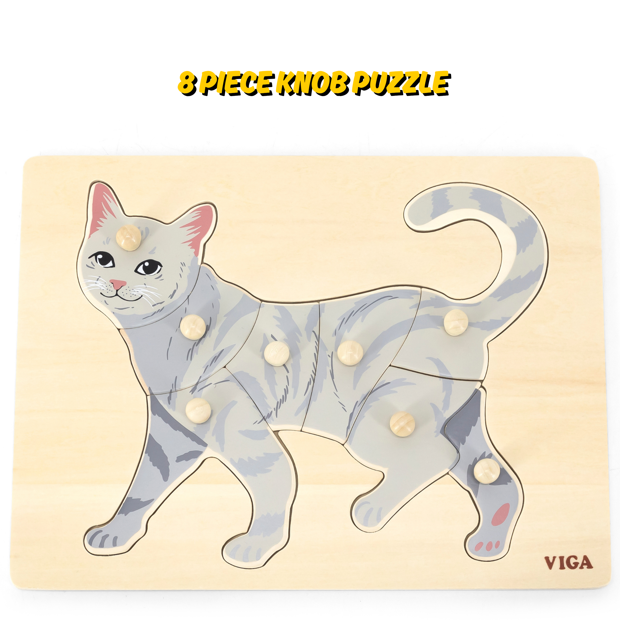Viga Cat, 8 Piece Knob Puzzle, Montessori Wooden Toy, Develops Sensory, Cognitive & Fine Motor Skills, Non-Toxic & Eco-friendly Kids Educational Toy, Suitable for Boys and Girls Aged 18M+