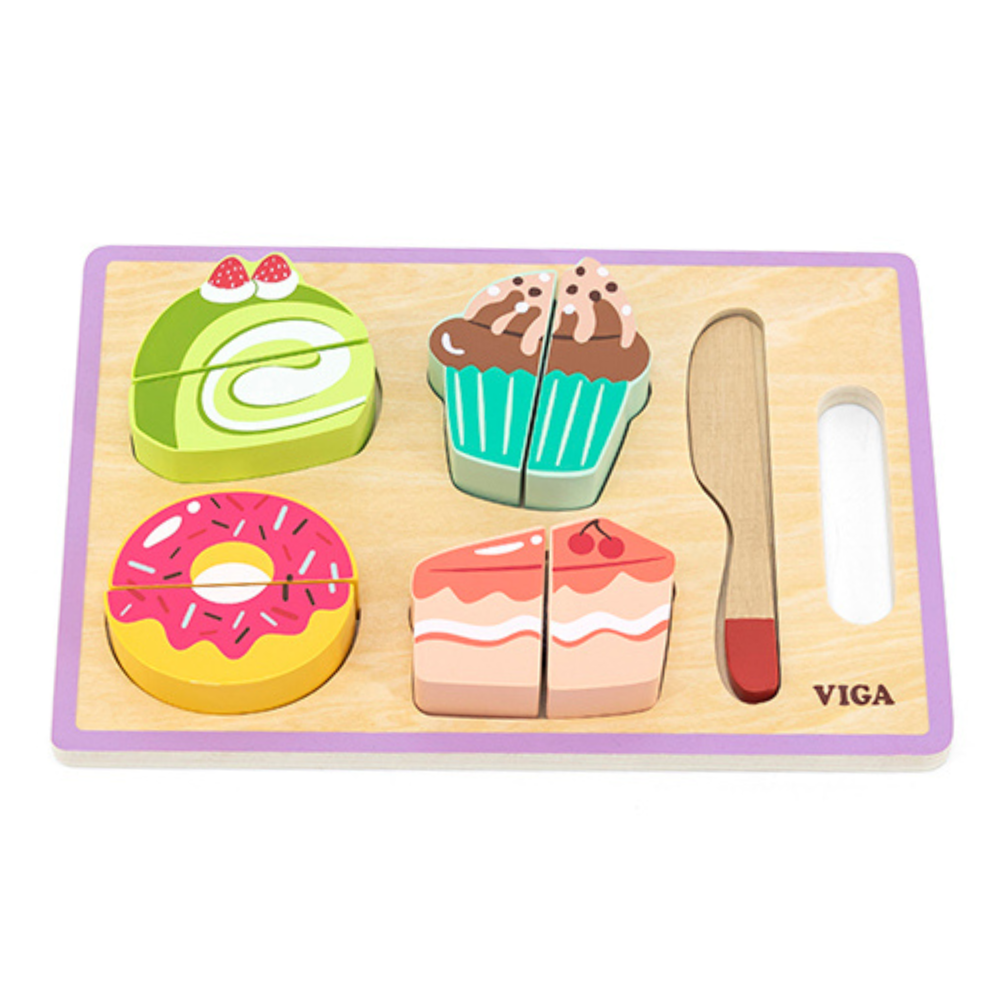 VIGA My Cutting Dessert Set Wooden Roleplay Toy with Cutting Board, Knife, and Dessert Pieces Safe Velcro Slicing Toy for Kids 18 Months and Up