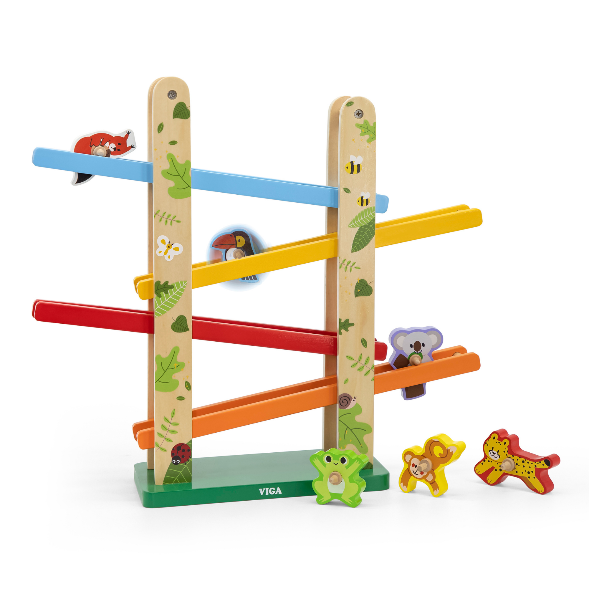 VIGA Jungle Slider Wooden Toy Four-Level Animal Slide with Spinning Blocks Educational Motor Skills Development Toy for Toddlers and Preschoolers