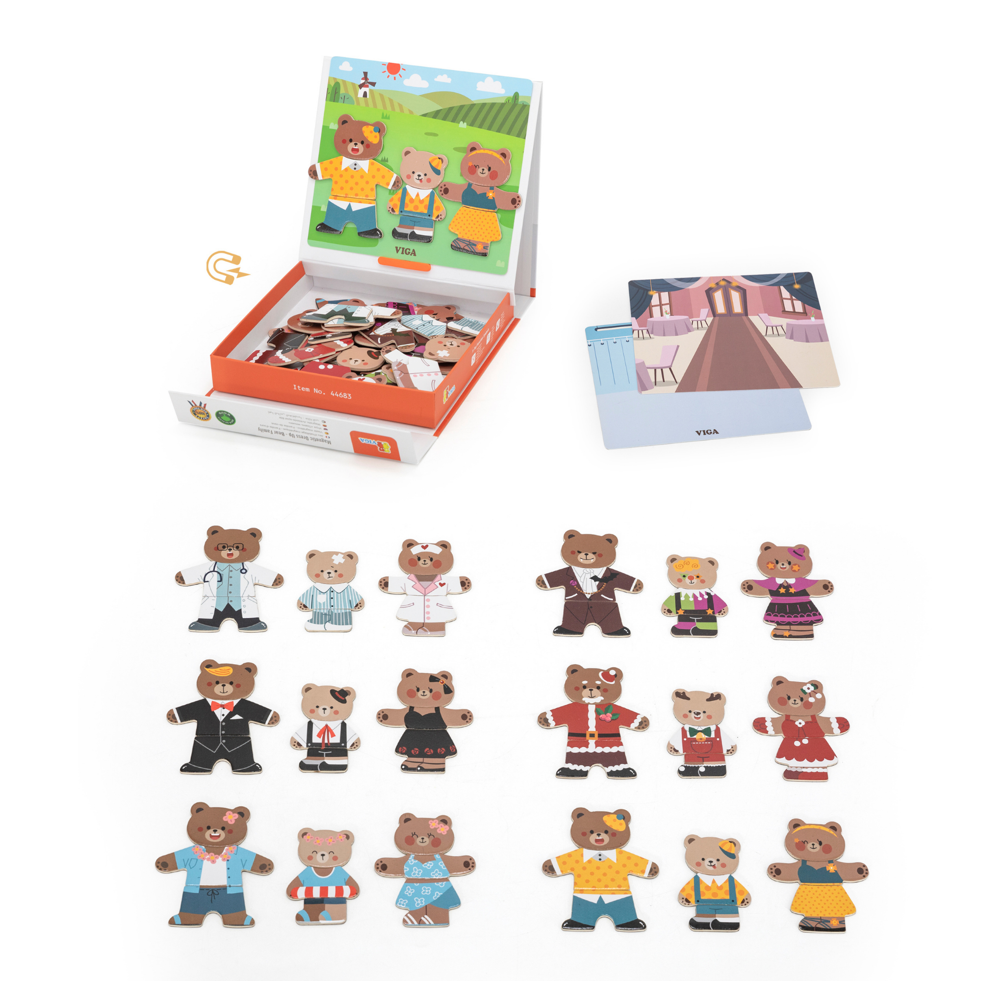 VIGA Magnetic Dress Up Bear Family Toy  Educational Magnetic Puzzle with 54 Pieces for Creative Role Play