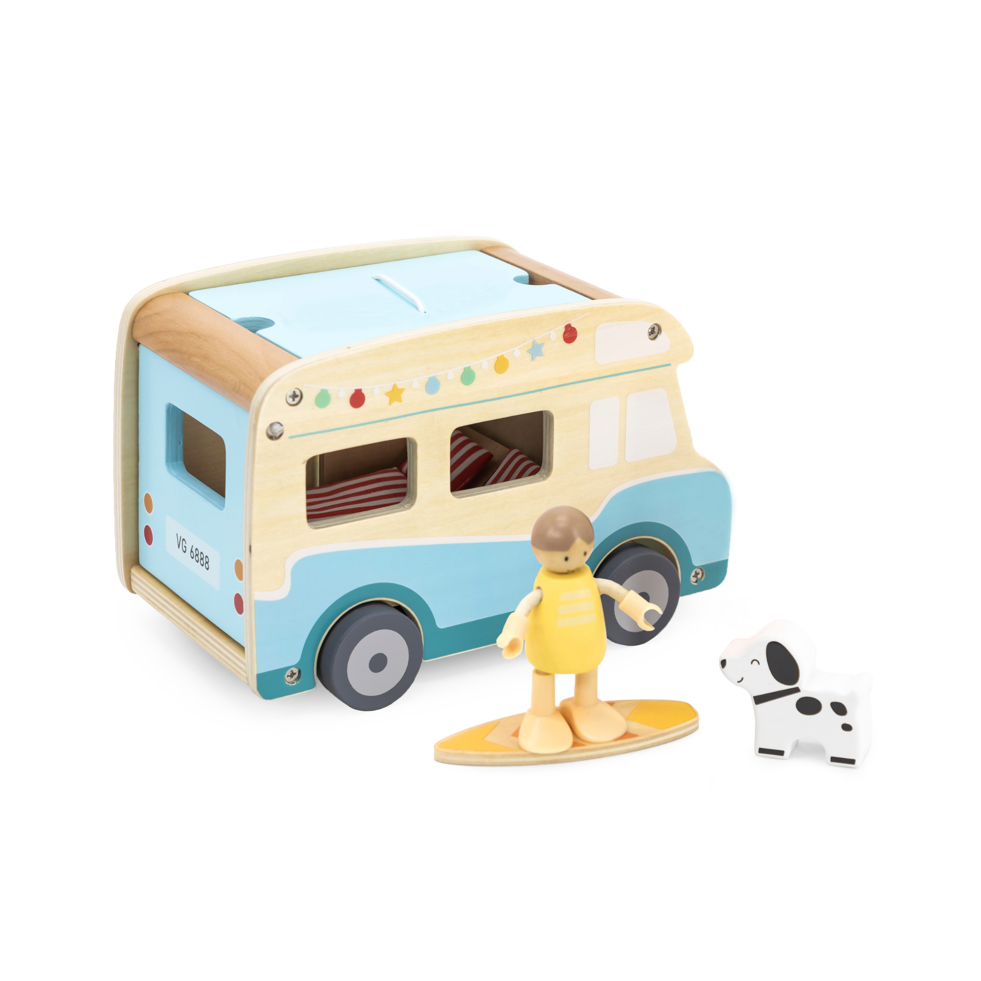 Viga Wooden Camper Van Playset, 12-Piece Montessori-Inspired Beach-Themed Vehicle Toy, Non-Toxic and Eco-Friendly, Encourages Imaginative Role Play and Fine Motor Skills, Suitable for Boys & Girls Ages 3+