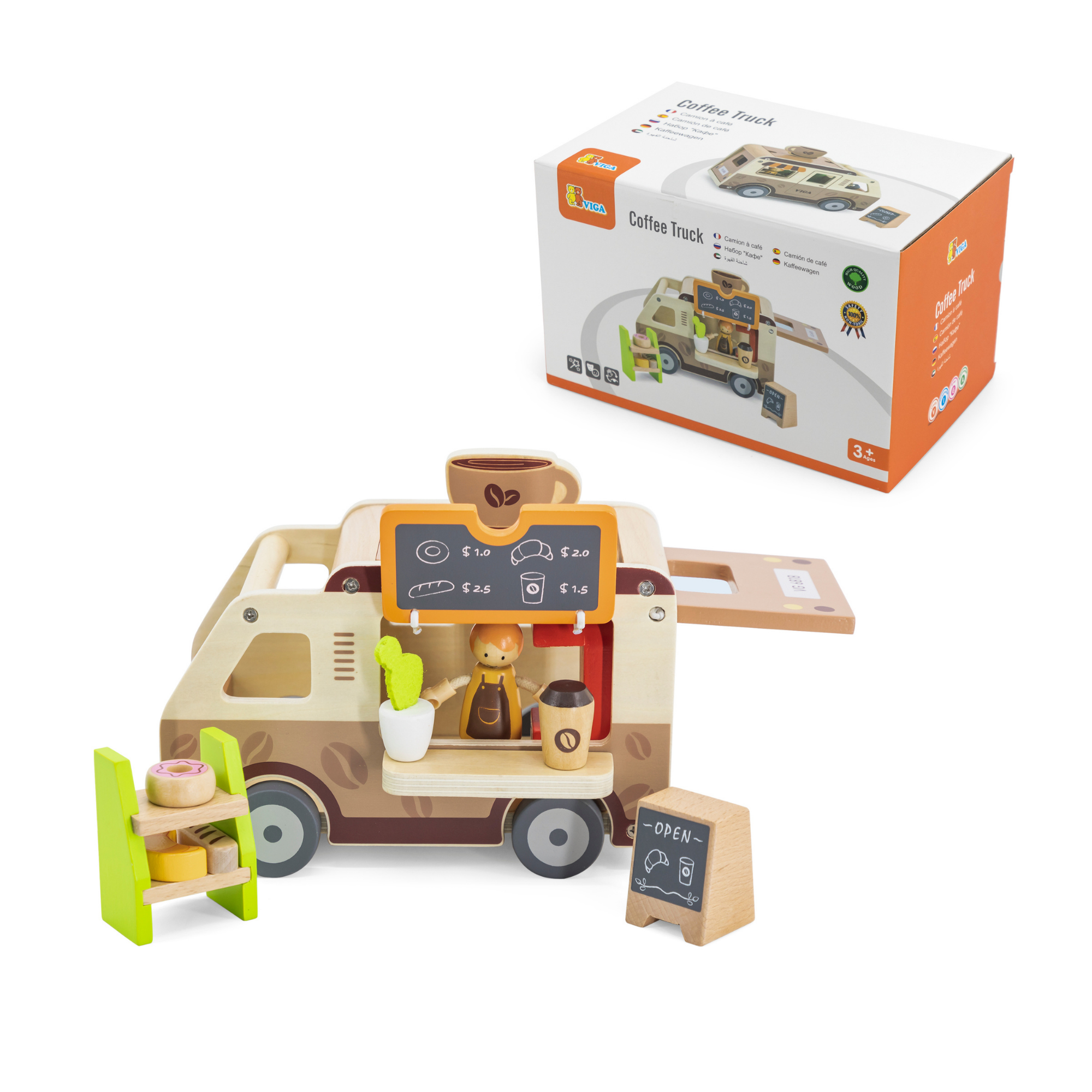 Viga Wooden Coffee Truck Playset, 11-Piece Montessori-Inspired Cafe-Themed Vehicle Toy, Non-Toxic and Eco-Friendly, Encourages Imaginative Role Play and Fine Motor Skills, Suitable for Boys & Girls Ages 3+