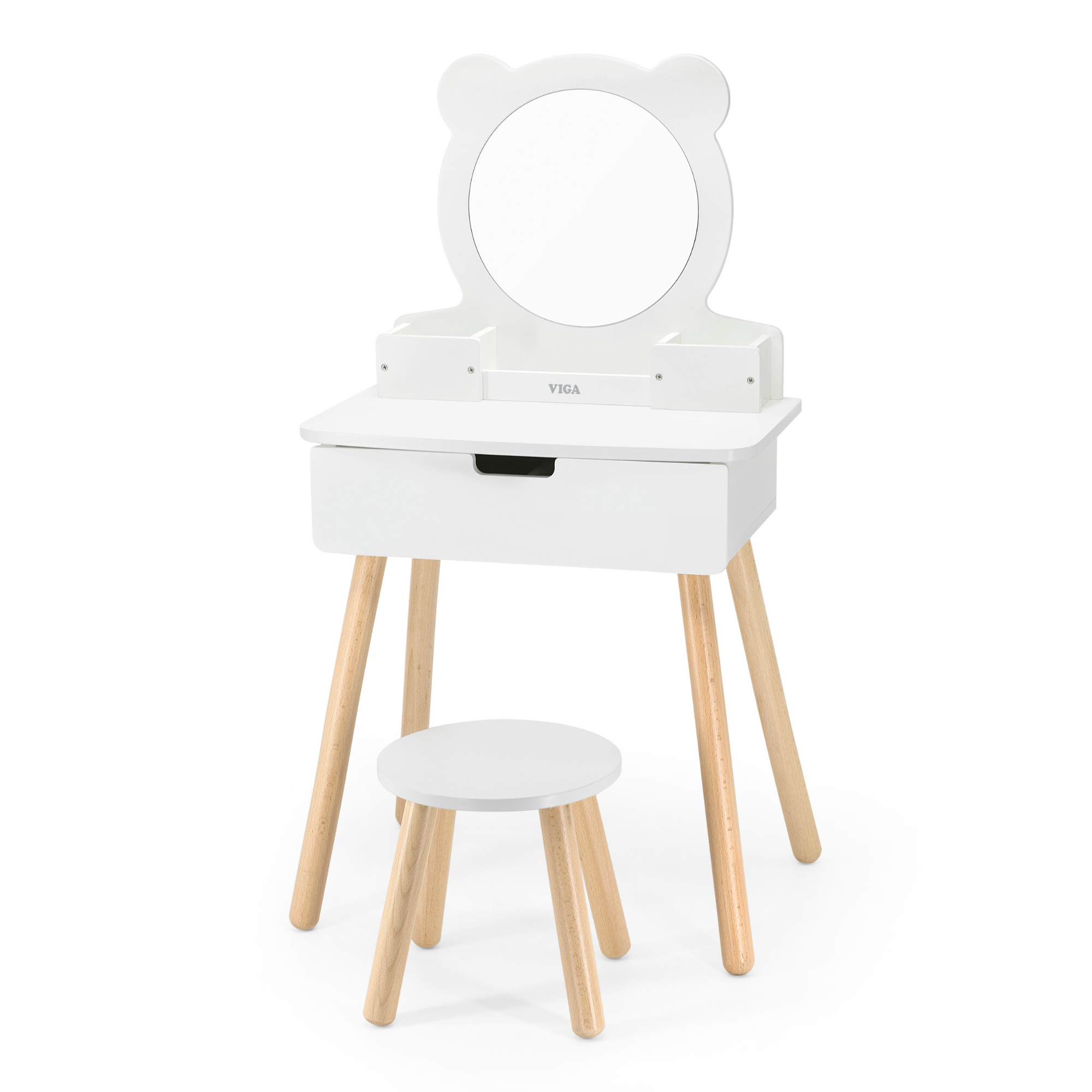 VIGA Wooden Dressing Table for Kids Aged 3 and Up  Includes Chair, Mirror, and Storage Drawer  Pretend Play Vanity for Creative Roleplay