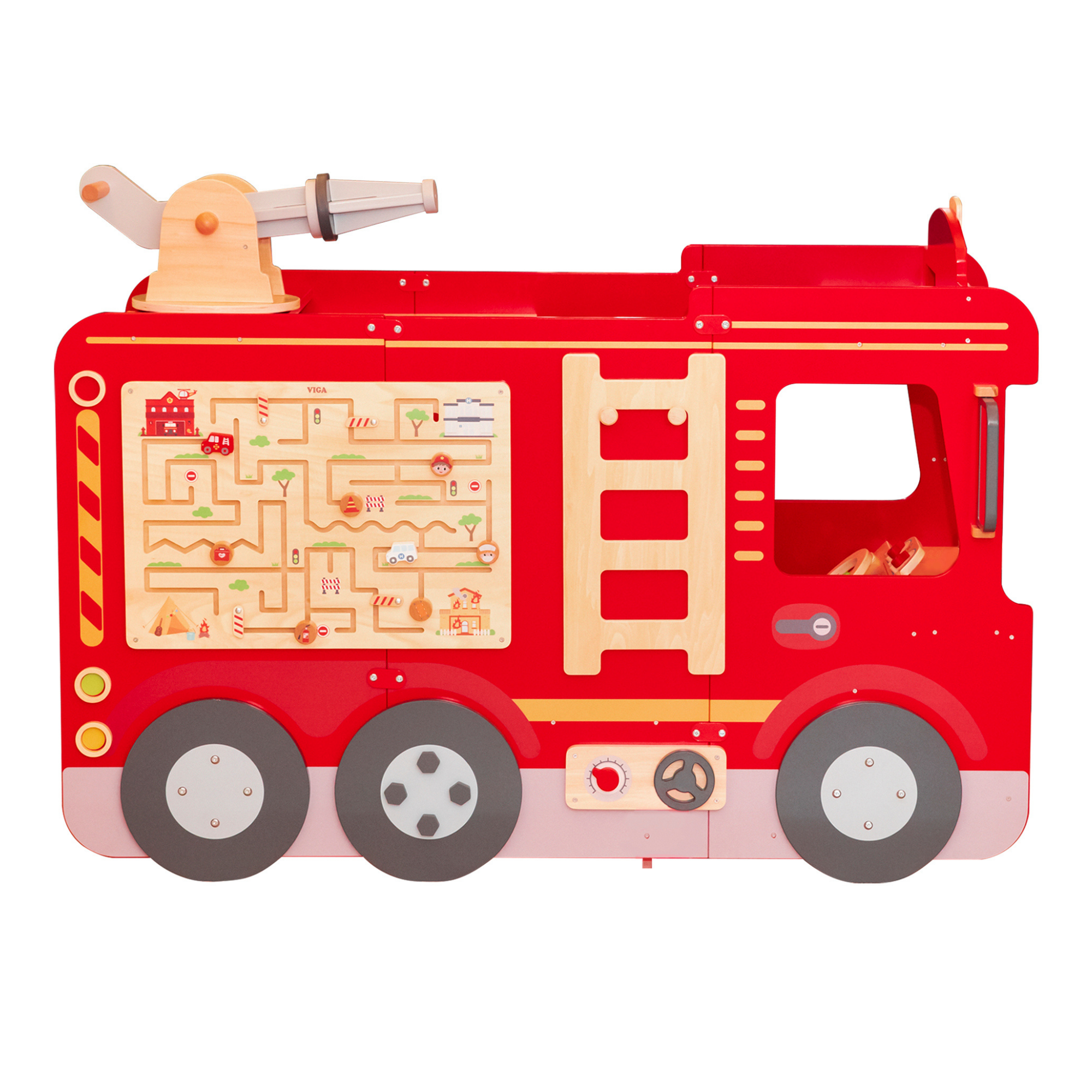 VIGA Super Fire Engine Wooden Toy for Kids Ages 3 and Up  Interactive Firefighter Playset with Sound, Moving Parts, and Educational Features