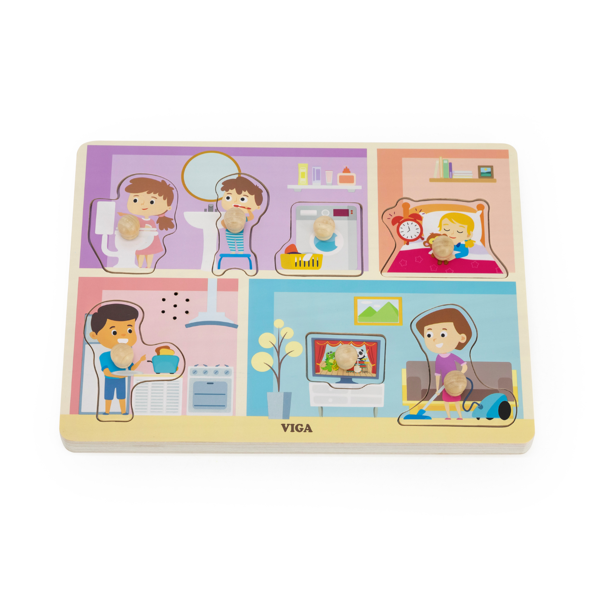 Viga Around the House, 7 Piece Knob Puzzle with Sound, Montessori Wooden Toy, Develops Sensory, Cognitive & Fine Motor Skills, Non-Toxic & Eco-friendly Kids Educational Toy, for Boys & Girls 18M+
