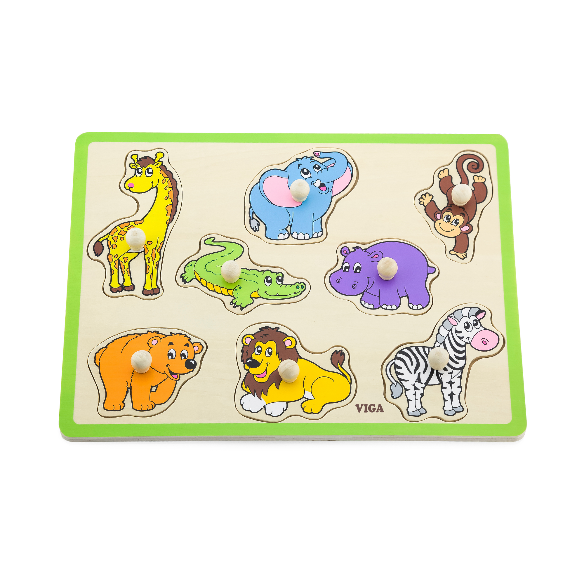 Viga Wild Animals, 8 Piece Knob Puzzle, Montessori Wooden Toy, Develops Sensory, Cognitive & Fine Motor Skills, Non-Toxic & Eco-friendly Kids Educational Toy, Suitable for Boys and Girls Aged 18M+