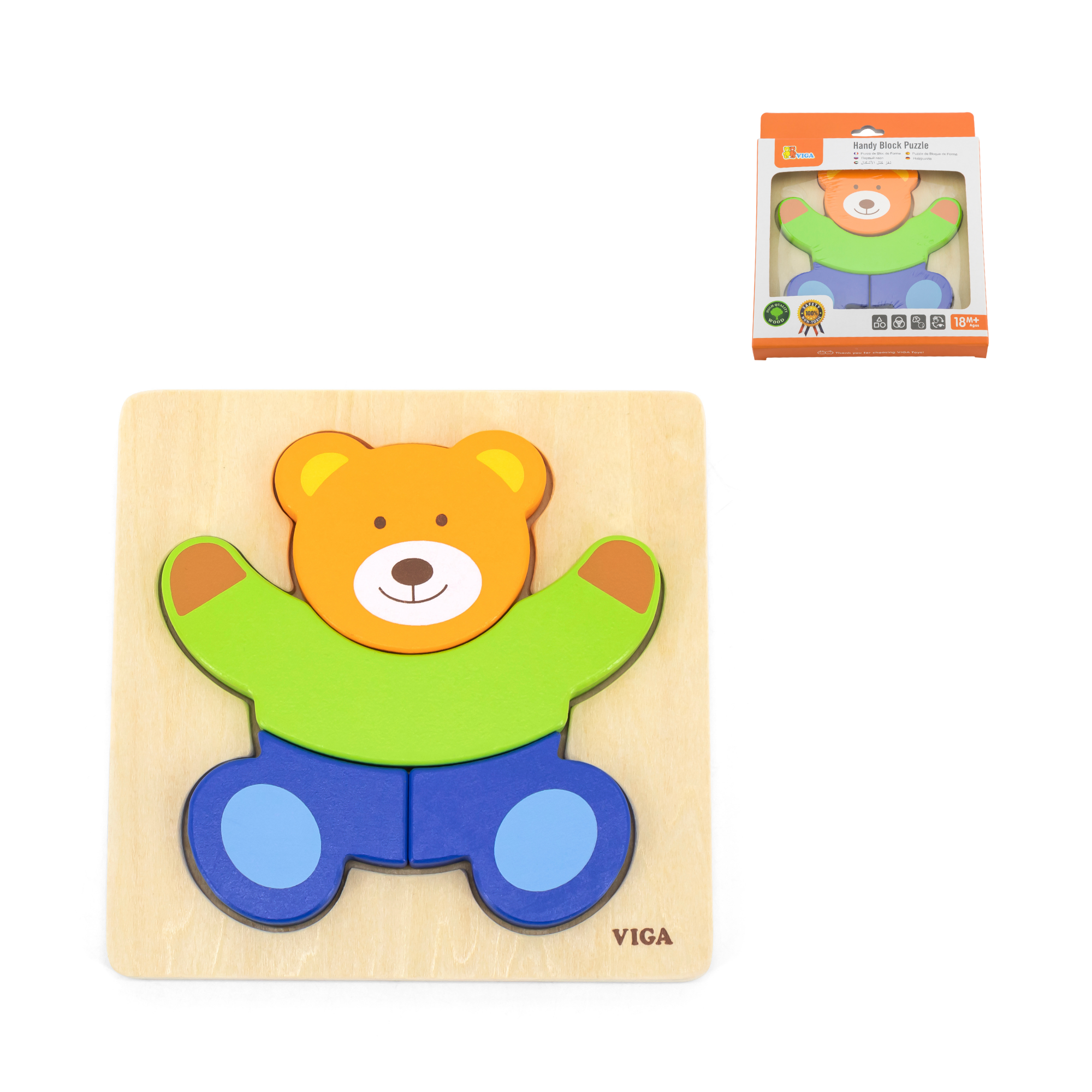 Viga Bear, 4 Piece Block Puzzle, Montessori Wooden Toy, Develops Sensory, Cognitive & Fine Motor Skills, Non-Toxic & Eco-friendly Kids Educational Toy, Suitable for Boys and Girls Aged 18M+