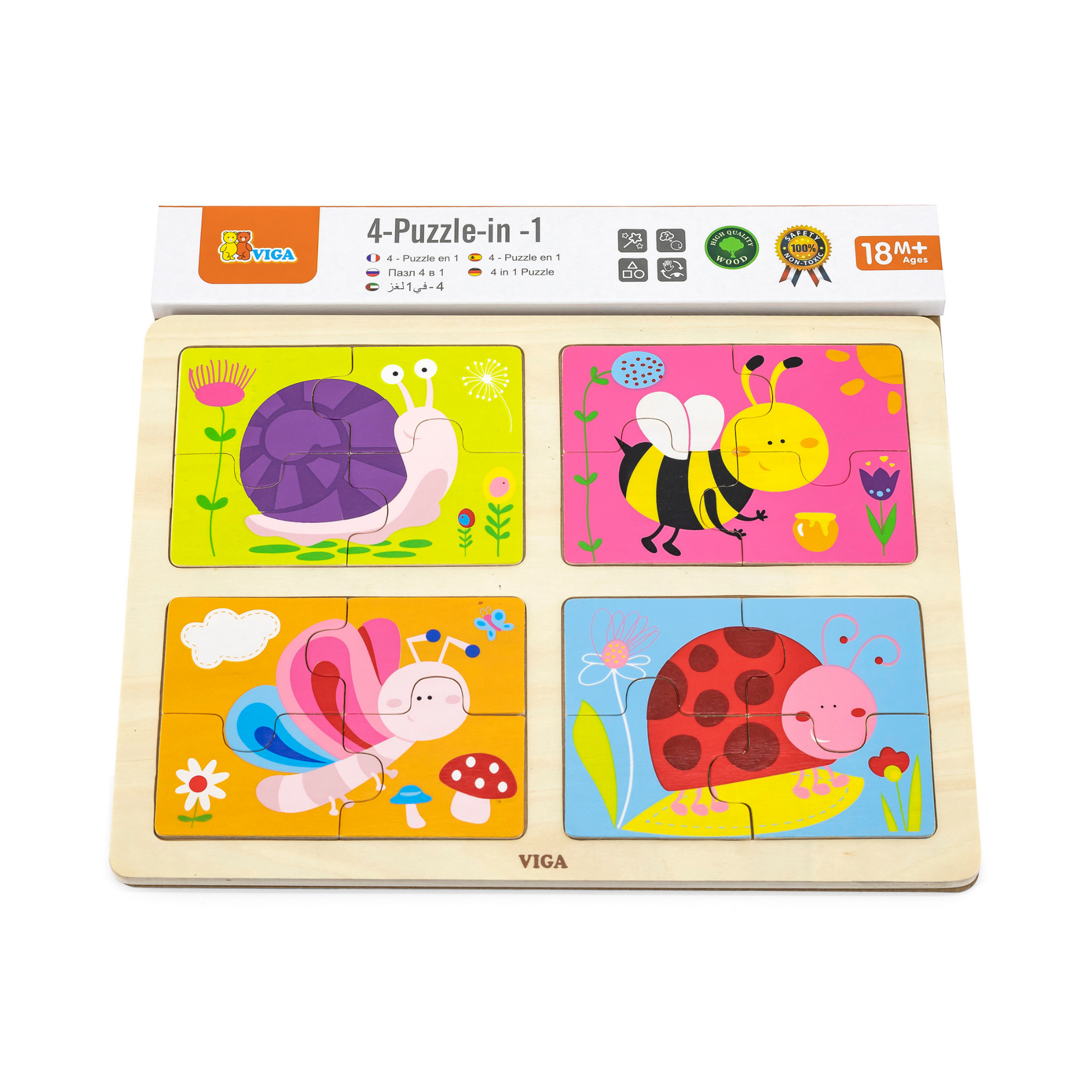 Viga 4 in 1 Insect, 16 Piece Block Puzzle, Montessori Wooden Toy, Develops Sensory, Cognitive & Fine Motor Skills, Non-Toxic & Eco-friendly Kids Educational Toy, Suitable for Boys and Girls Aged 18M+