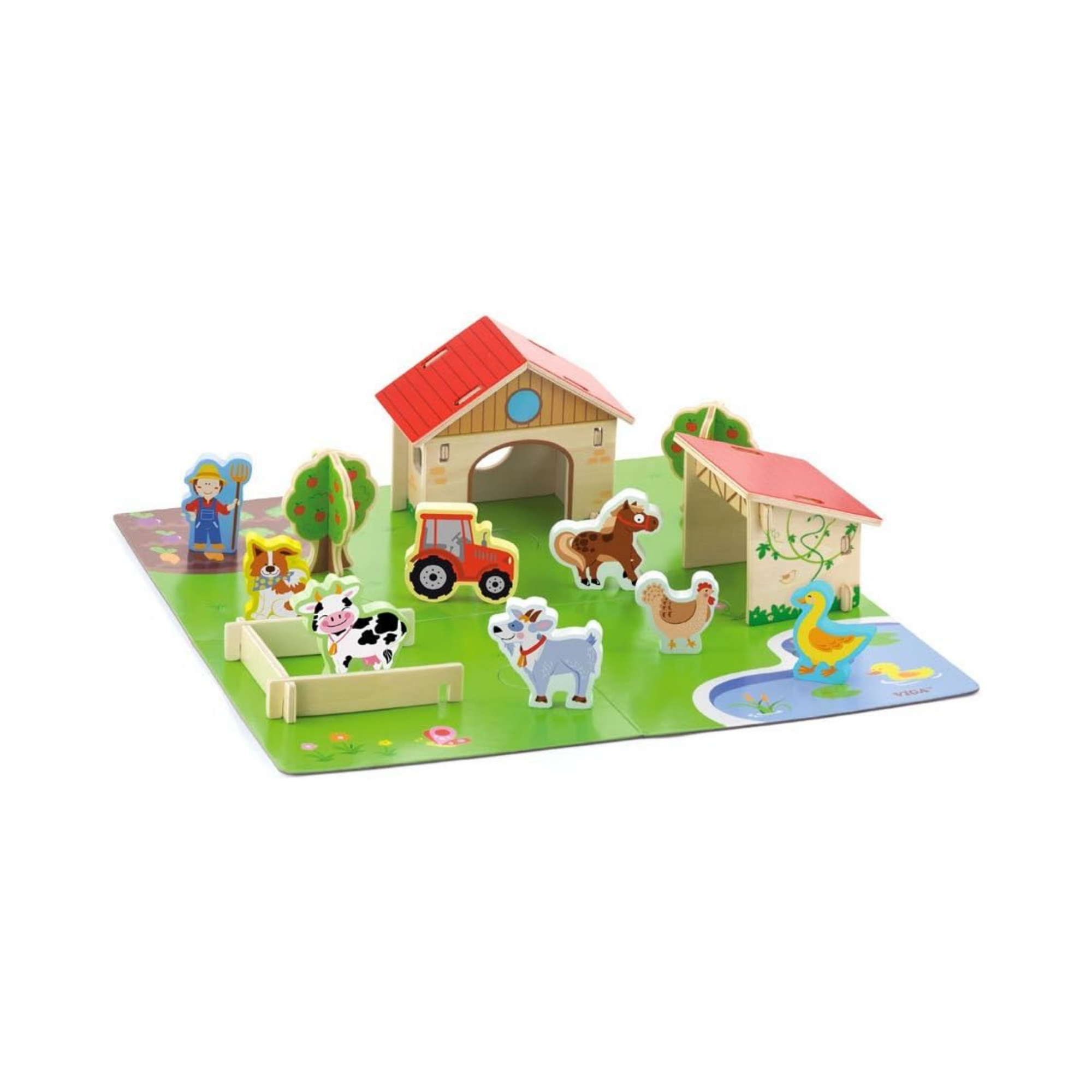 VIGA 3D Wooden Farm Set for Kids Interactive Pretend Play Farm with Animals, Tractor, Barn and Accessories Educational Roleplay Toy for Ages 3 and Up
