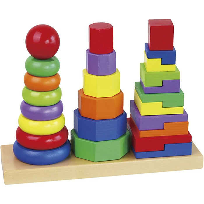 VIGA Wooden Geometric Stacker for Kids Age 2+ | Montessori Shape and Color Sorting Toy with 3 Pyramids