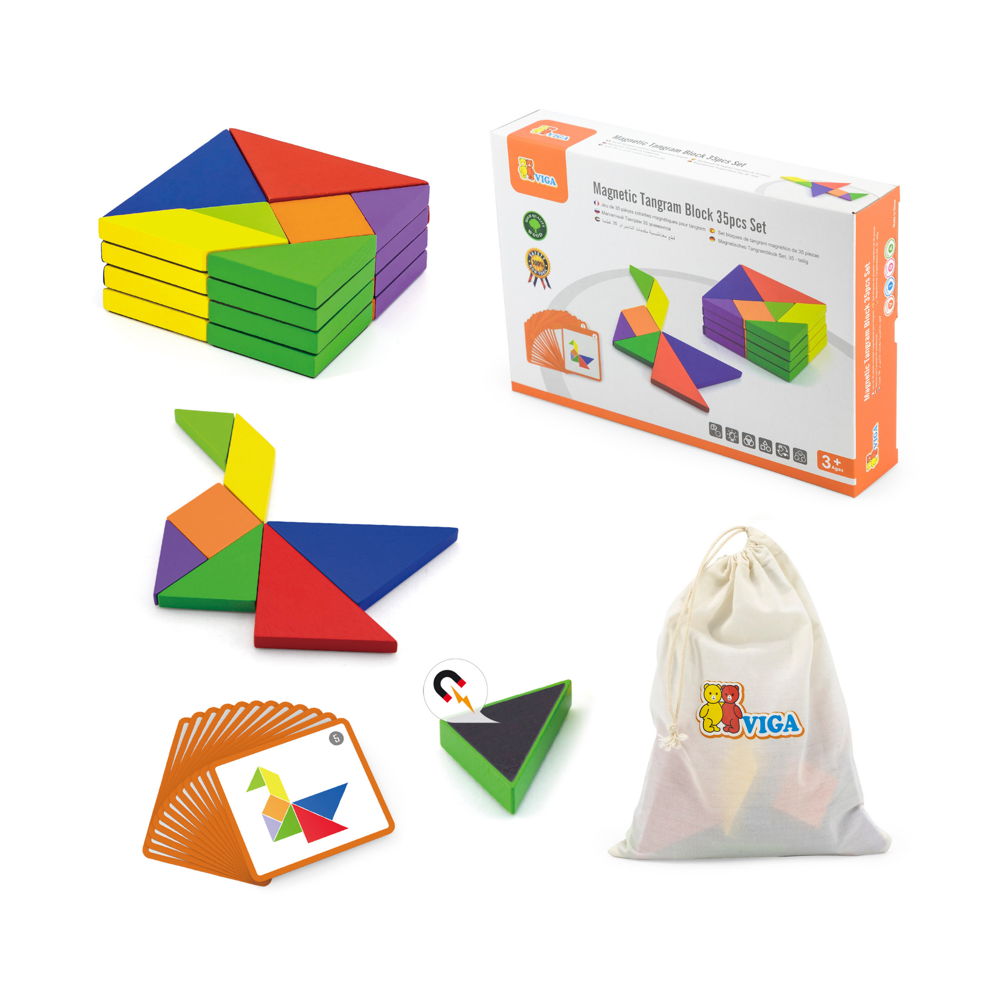 Viga Magnetic Tangram, 35 Piece Geometric Block Puzzle, Montessori Wooden Toy, Develops Sensory, Cognitive & Fine Motor Skills, Non-Toxic & Eco-friendly Kids Educational Toy, for Boys & Girls 3Y+