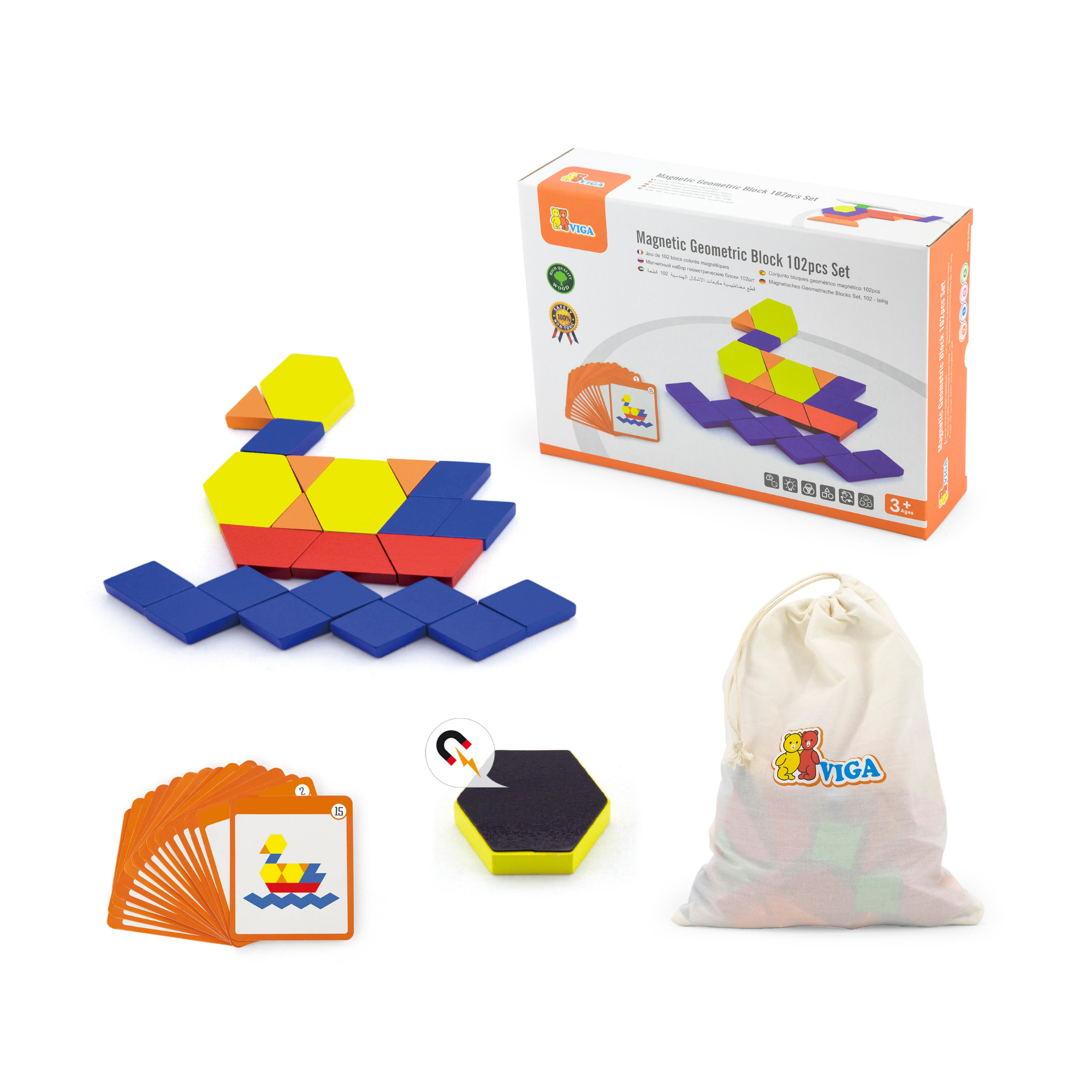 Viga Geometric Blocks, 102 Piece Magnetic Puzzle, Montessori Wooden Toy, Develops Sensory, Cognitive & Fine Motor Skills, Non-Toxic & Eco-friendly Kids Educational Toy, Suitable for Children Aged 3Y+