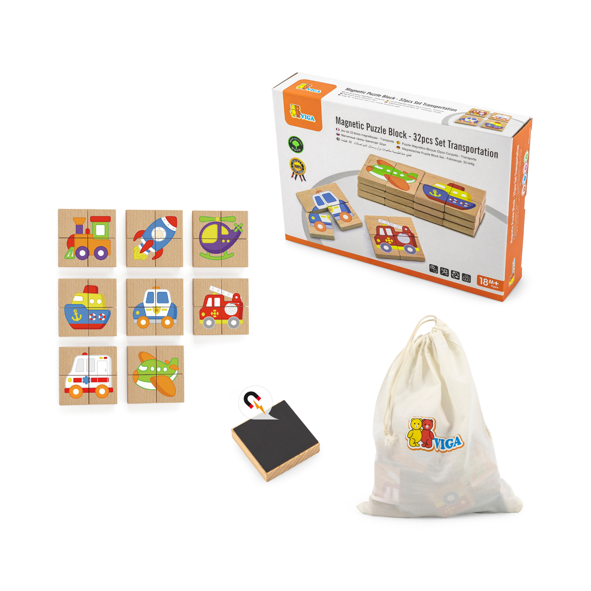Viga Transportation, 32 Piece Magnetic Block Puzzle, Montessori Wooden Toy, Develops Sensory, Cognitive & Fine Motor Skills, Non-Toxic & Eco-friendly Kids Educational Toy, Suitable for Children 18M+