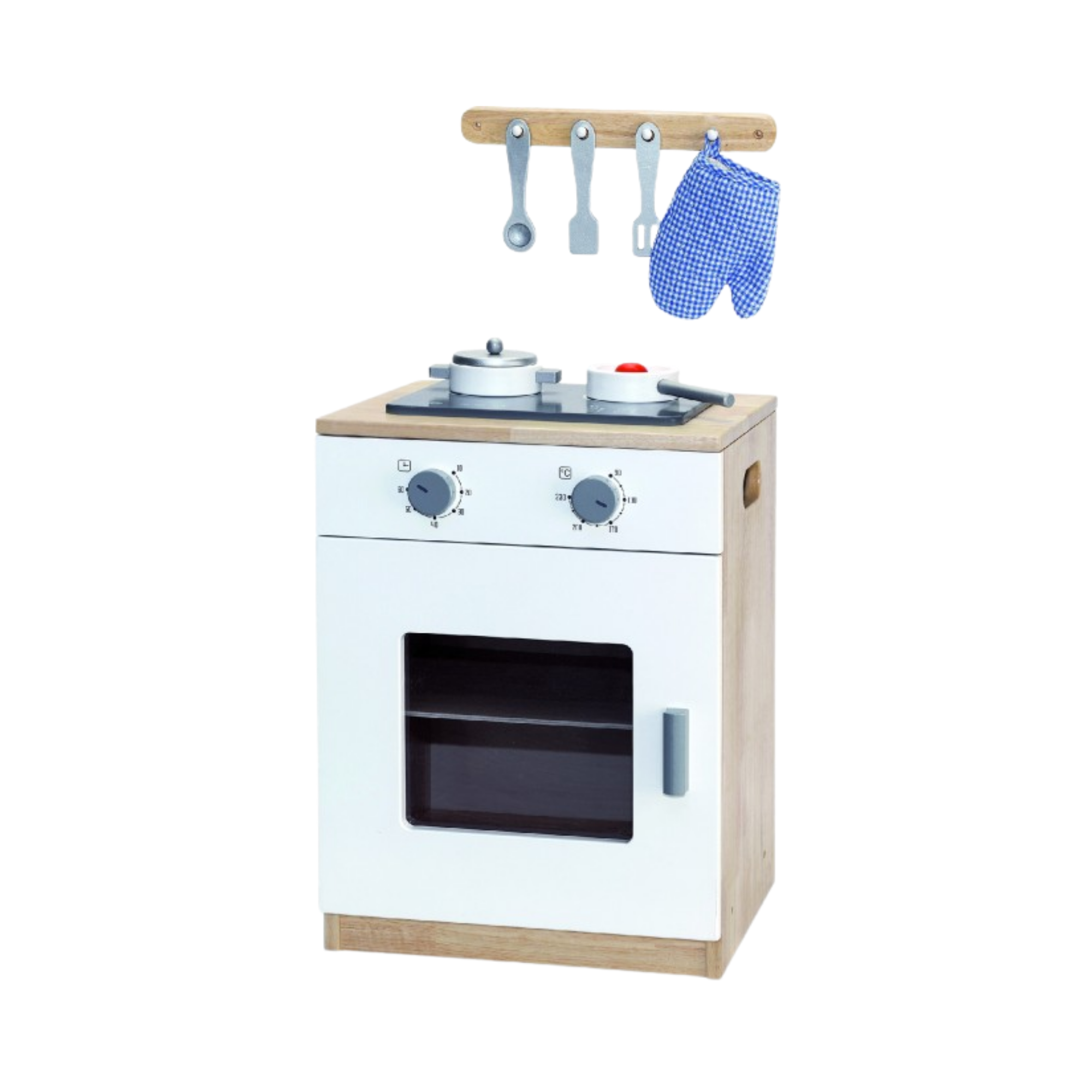 VIGA Wooden White Kitchen Stove with Accessories  Pretend Play Cooking Set for Kids  Modern Roleplay Toy for Early Learning and Imaginative Play
