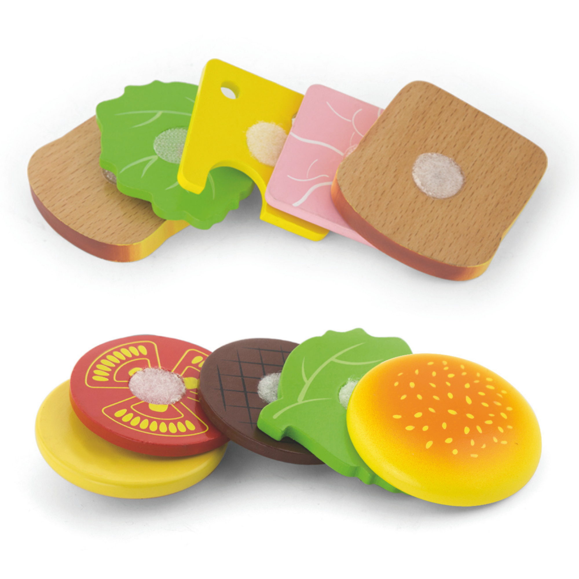Viga Wooden Hamburger and Sandwich Toy Set, 11 Piece Pretend Play Food with Knife, Montessori Educational Kitchen Toy for Kids 18 Months+