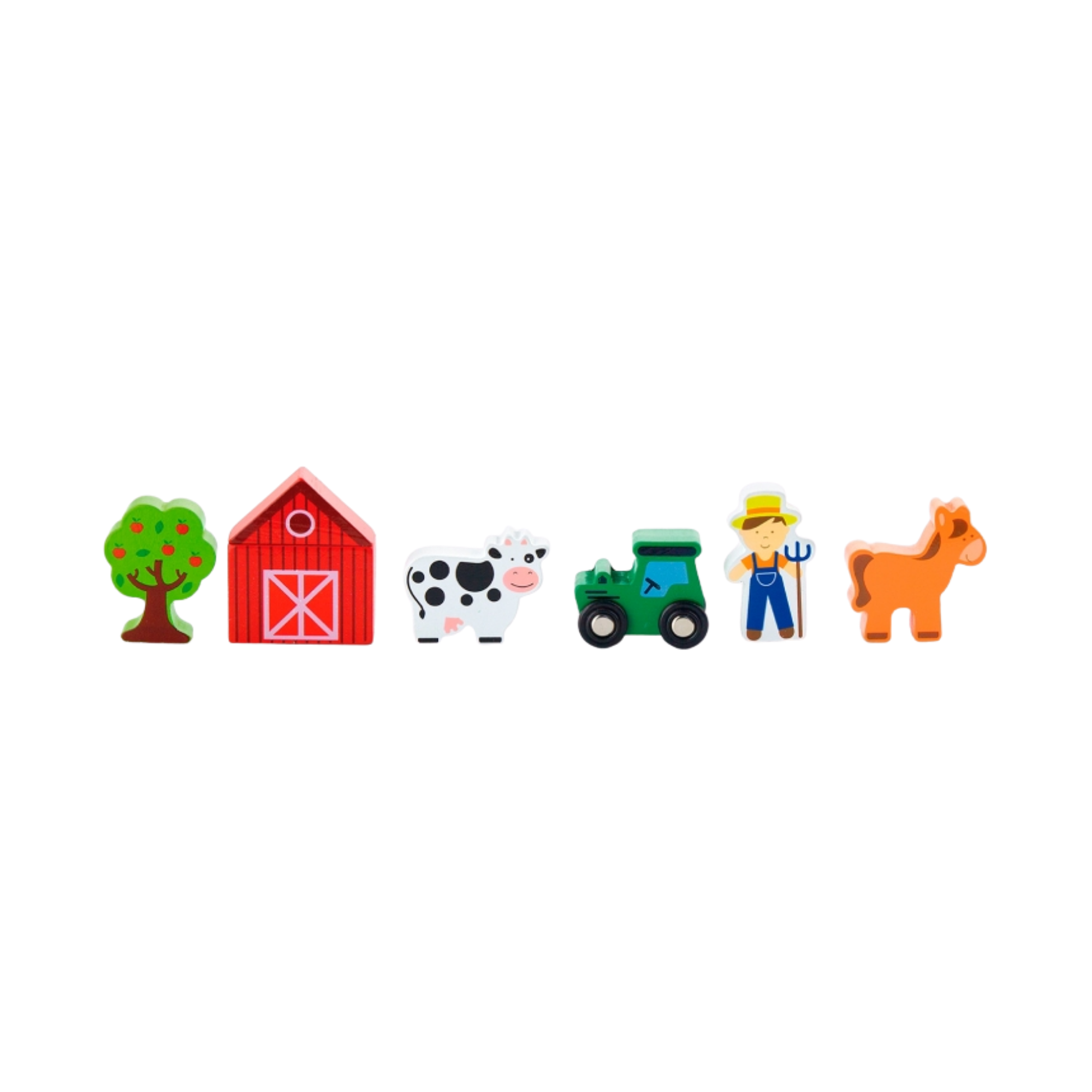 Viga Wooden Farm Train Set Accessory  6-Piece Pretend Play Set with Tractor, Barn, Animals and Farmer  For Ages 3 and Up