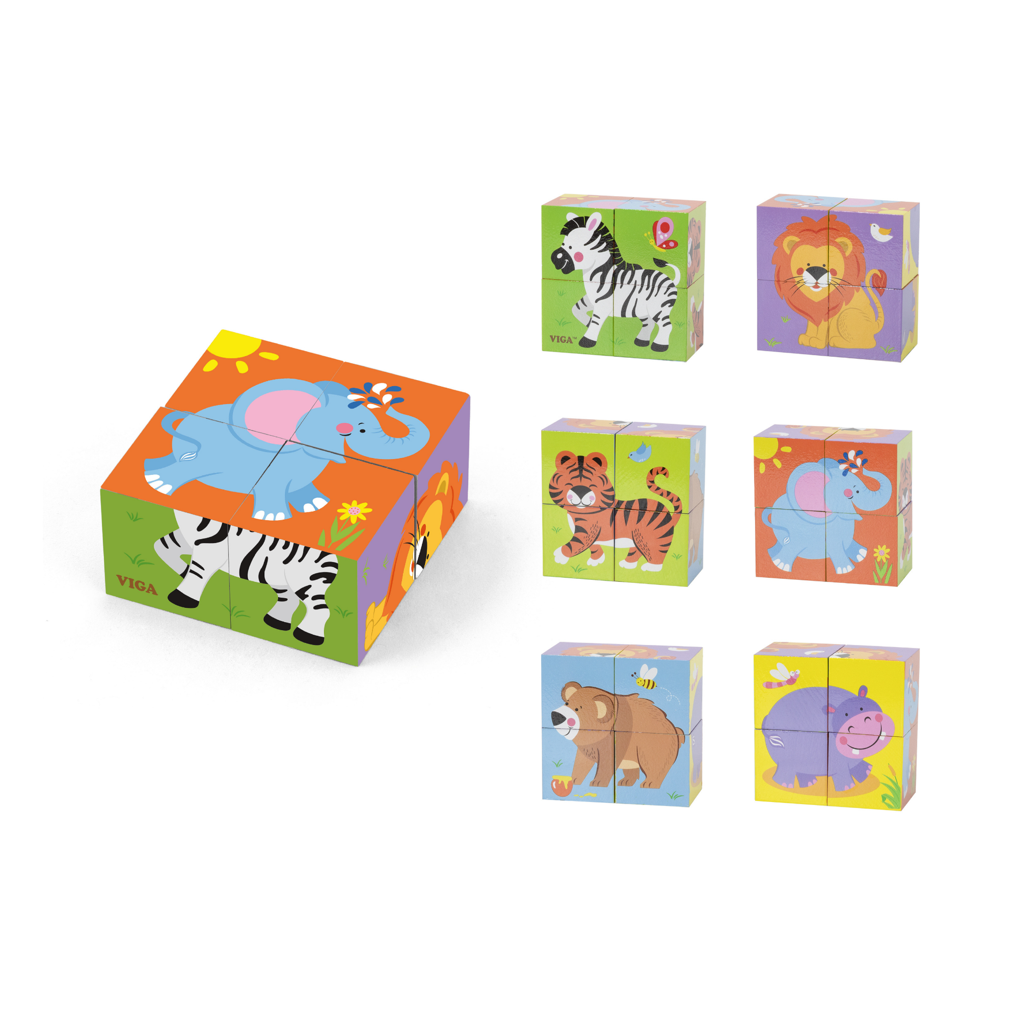 Viga Wild Animals, 6 Sided 2x2 Cube Puzzle, Montessori Wooden Toy, Develops Sensory, Cognitive & Fine Motor Skills, Non-Toxic & Eco-friendly Kids Educational Toy, Suitable for Boys and Girls Aged 2Y+