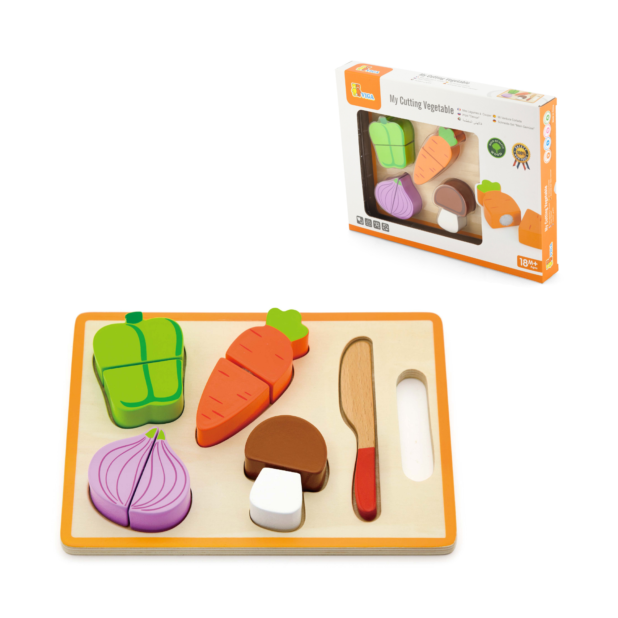 VIGA My First Vegetable Chopping Set  Wooden Pretend Play Kitchen Toy with Knife, Chopping Board and Vegetables  Safe Roleplay Toy for Toddlers 18 Months and Up