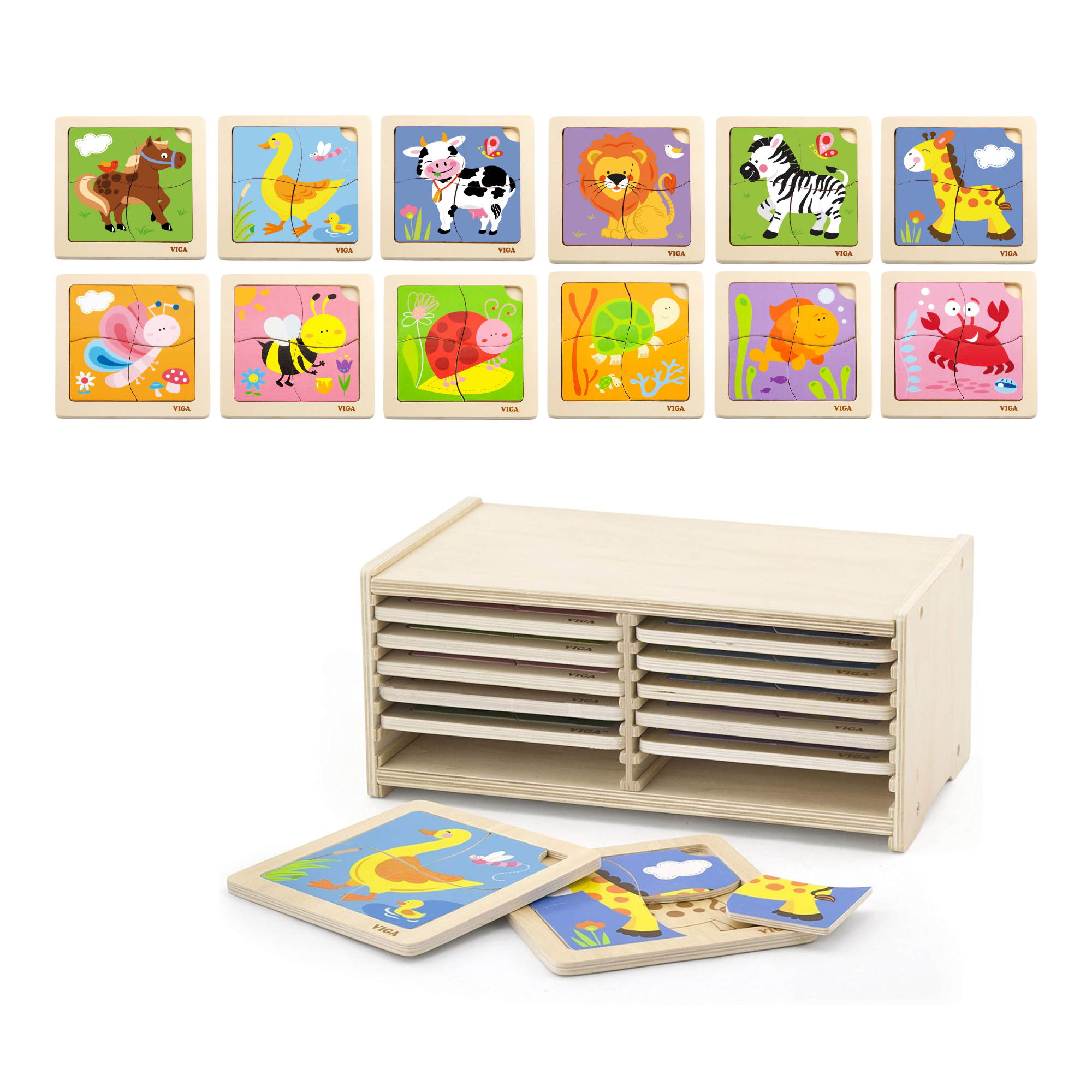Viga Set of 12, 4 Piece Block Puzzle, Montessori Wooden Toy, Develops Sensory, Cognitive & Fine Motor Skills, Non-Toxic & Eco-friendly Kids Educational Toy, Suitable for Boys and Girls Aged 18M+