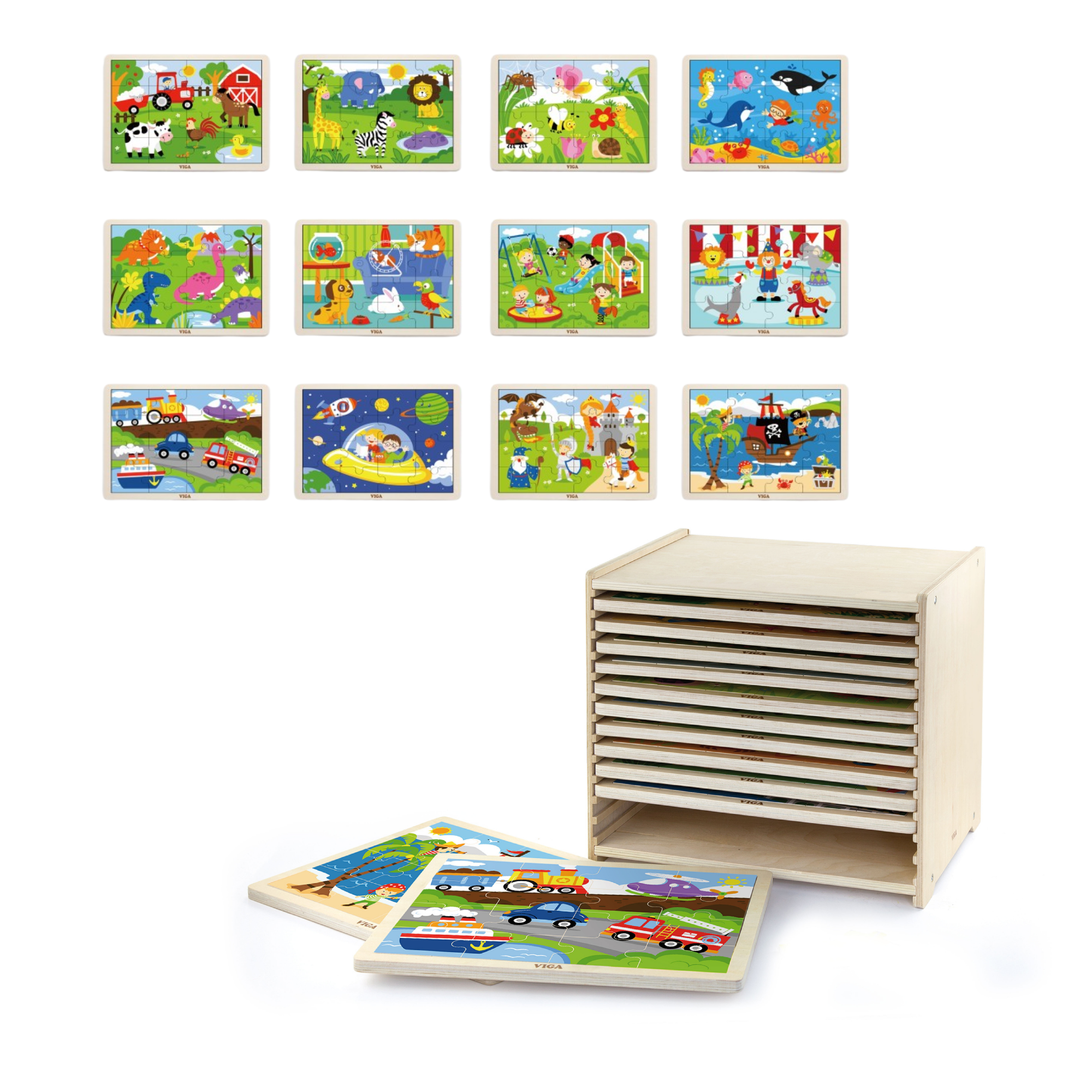 Viga Set of 12, 16 Piece Jigsaw Puzzle, Montessori Wooden Toy, Develops Sensory, Cognitive & Fine Motor Skills, Non-Toxic & Eco-friendly Kids Educational Toy, Suitable for Boys and Girls Aged 2Y+