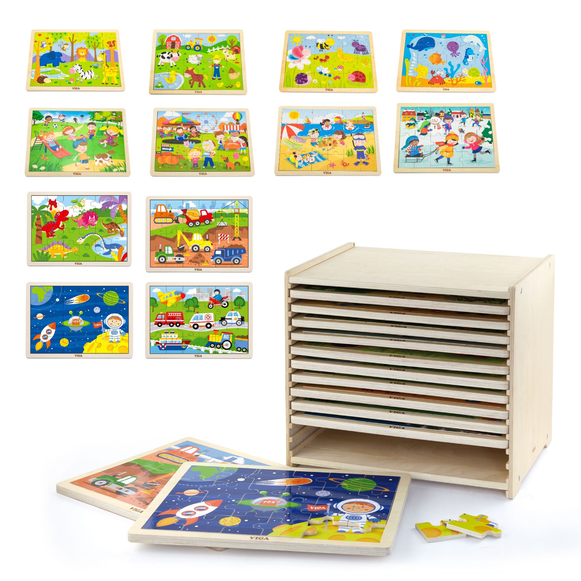 Viga Set of 12, 24 Piece Jigsaw Puzzle, Montessori Wooden Toy, Develops Sensory, Cognitive & Fine Motor Skills, Non-Toxic & Eco-friendly Kids Educational Toy, Suitable for Boys and Girls Aged 2Y+