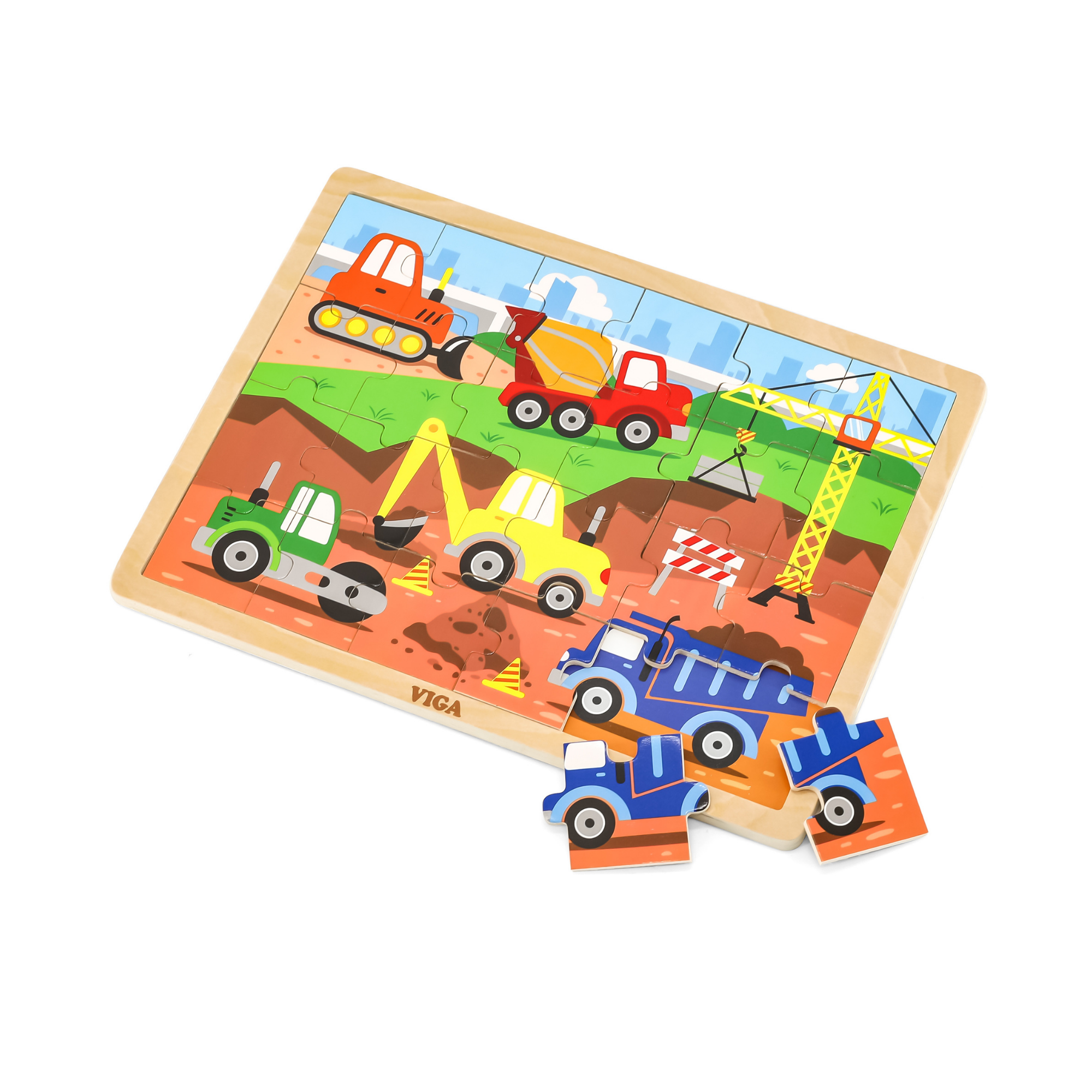 Viga Construction Vehicles, 24 Piece Jigsaw Puzzle, Montessori Wooden Toy, Develops Sensory, Cognitive & Fine Motor Skills, Non-Toxic & Eco-friendly Kids Educational Toy, Suitable for Children 2Y+
