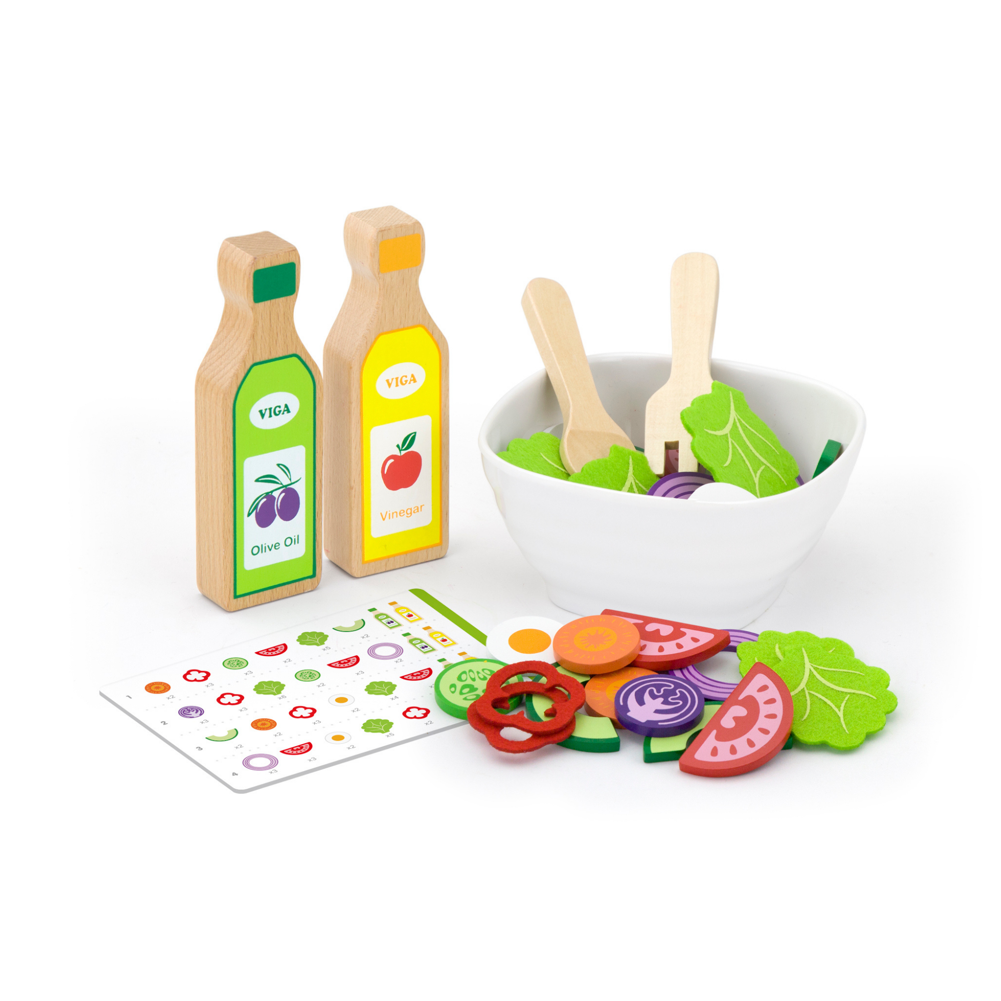 VIGA Wooden Little Chef Salad Play Set with 36 Pieces  Pretend Kitchen Toy with Vegetables, Utensils, and Recipe Leaflet  Educational Role Play for Toddlers  Ages 18 Months and Up