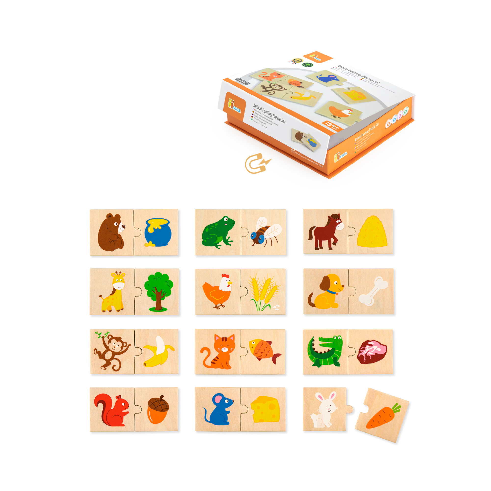 Viga Animal Feeding, 12 Piece Mix & Match Puzzle, Montessori Wooden Toy, Develops Sensory, Cognitive & Fine Motor Skills, Non-Toxic & Eco-friendly Kids Educational Toy, for Boys & Girls 18M+